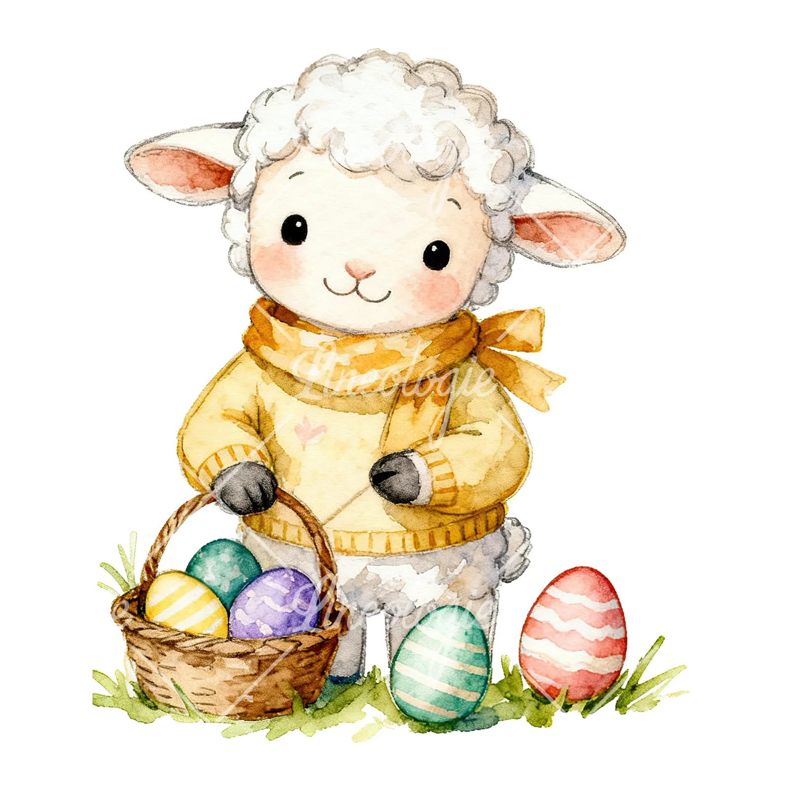 Watercolor Easter lambs in sweaters clipart 7 of 9 on a white background (JPG)
