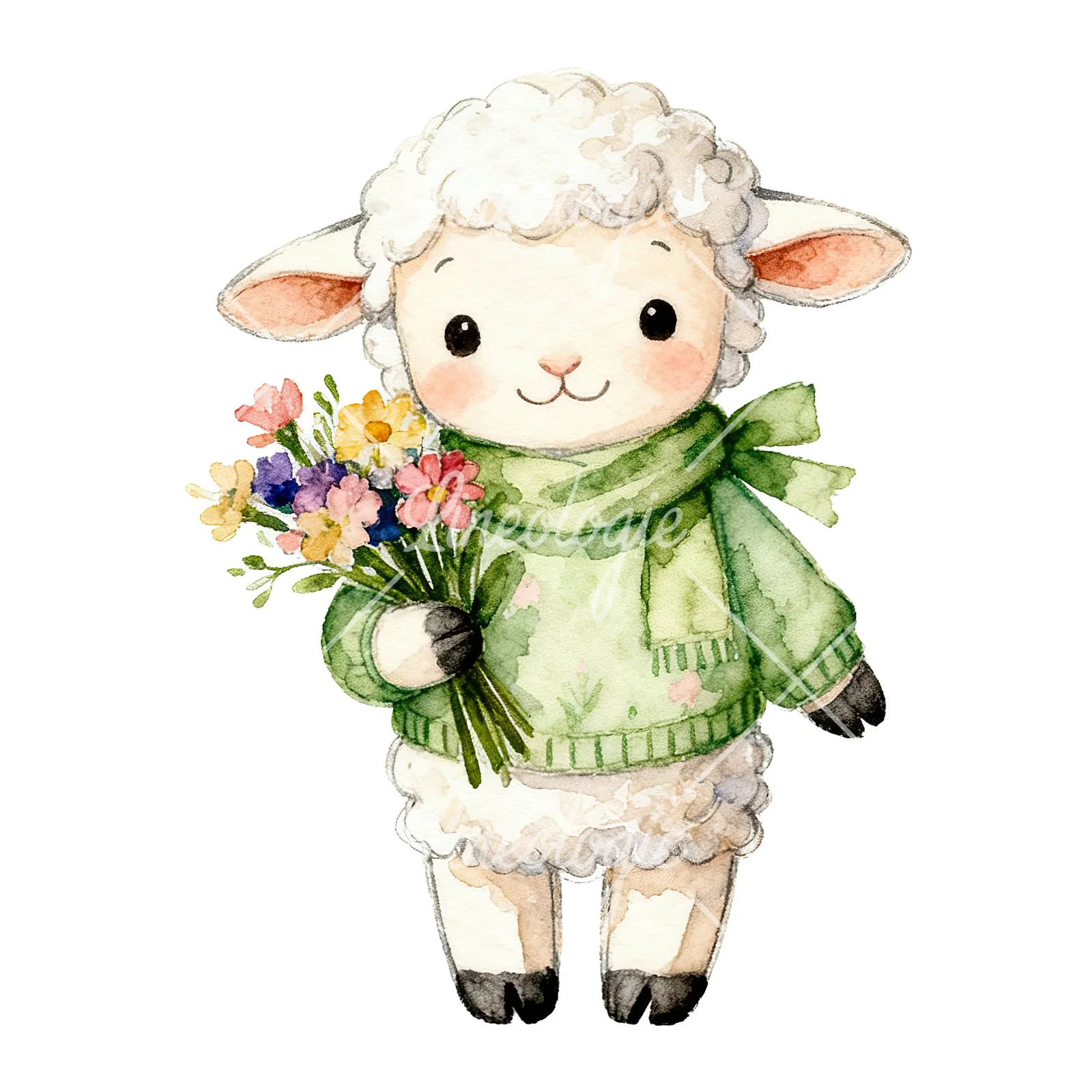 Watercolor Easter lambs in sweaters clipart 9 of 9 on a white background (JPG)