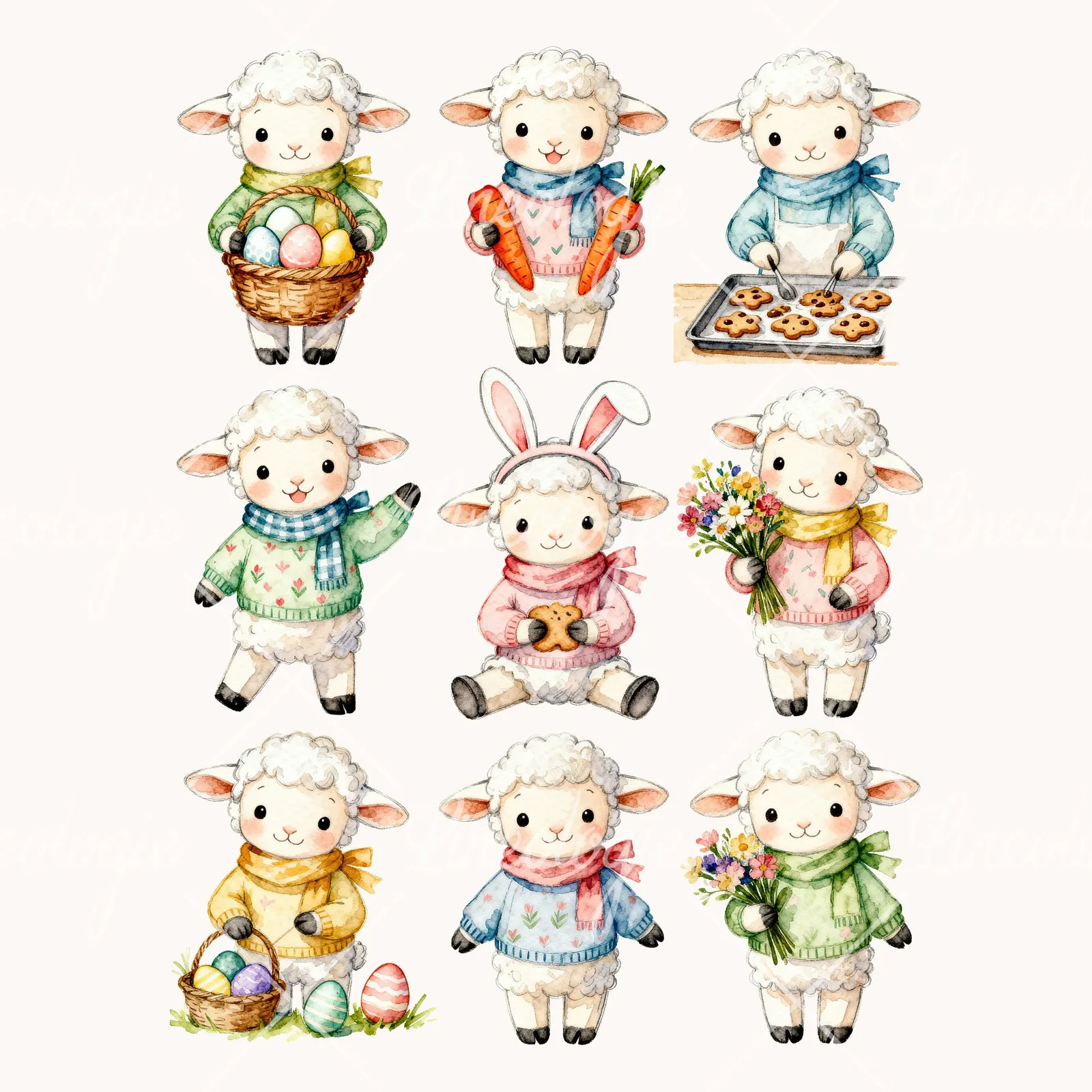 Watercolor Easter Lambs in Sweaters Clipart, all 9 illustrations in the pack