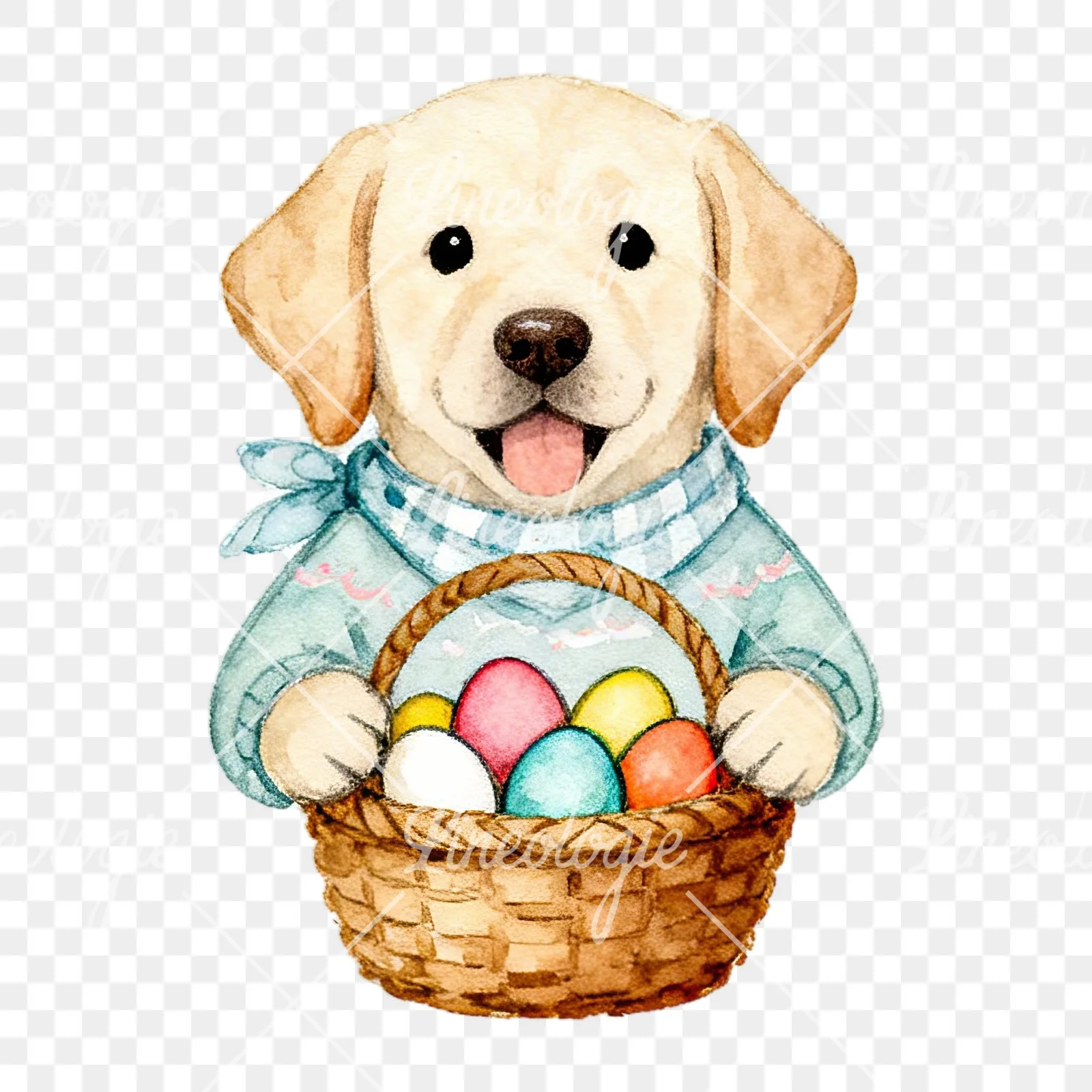 Watercolor Easter puppy with baking tray clipart 1 of 9 on a transparent background (PNG)