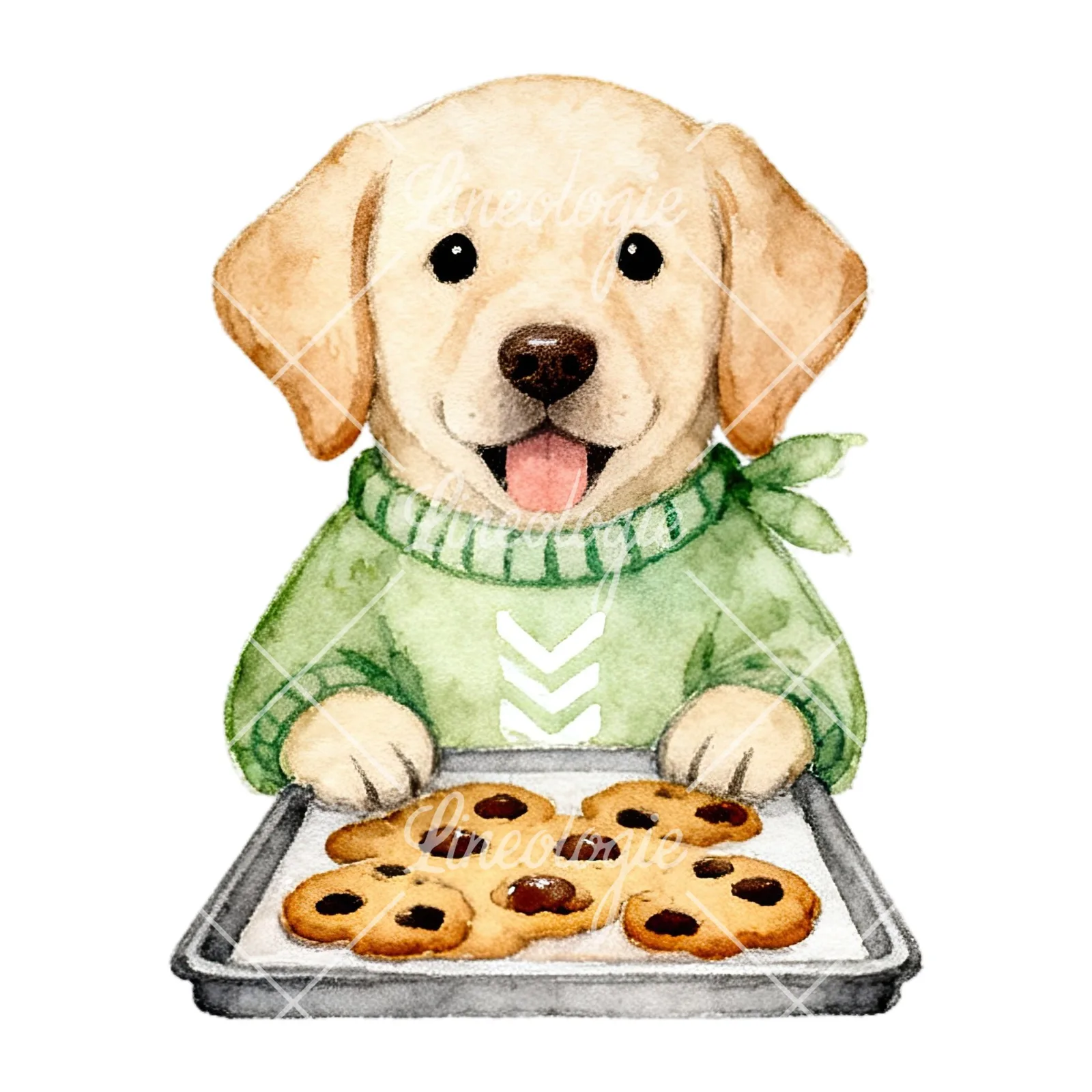 Watercolor Easter puppy with baking tray clipart 5 of 9 on a white background (JPG)