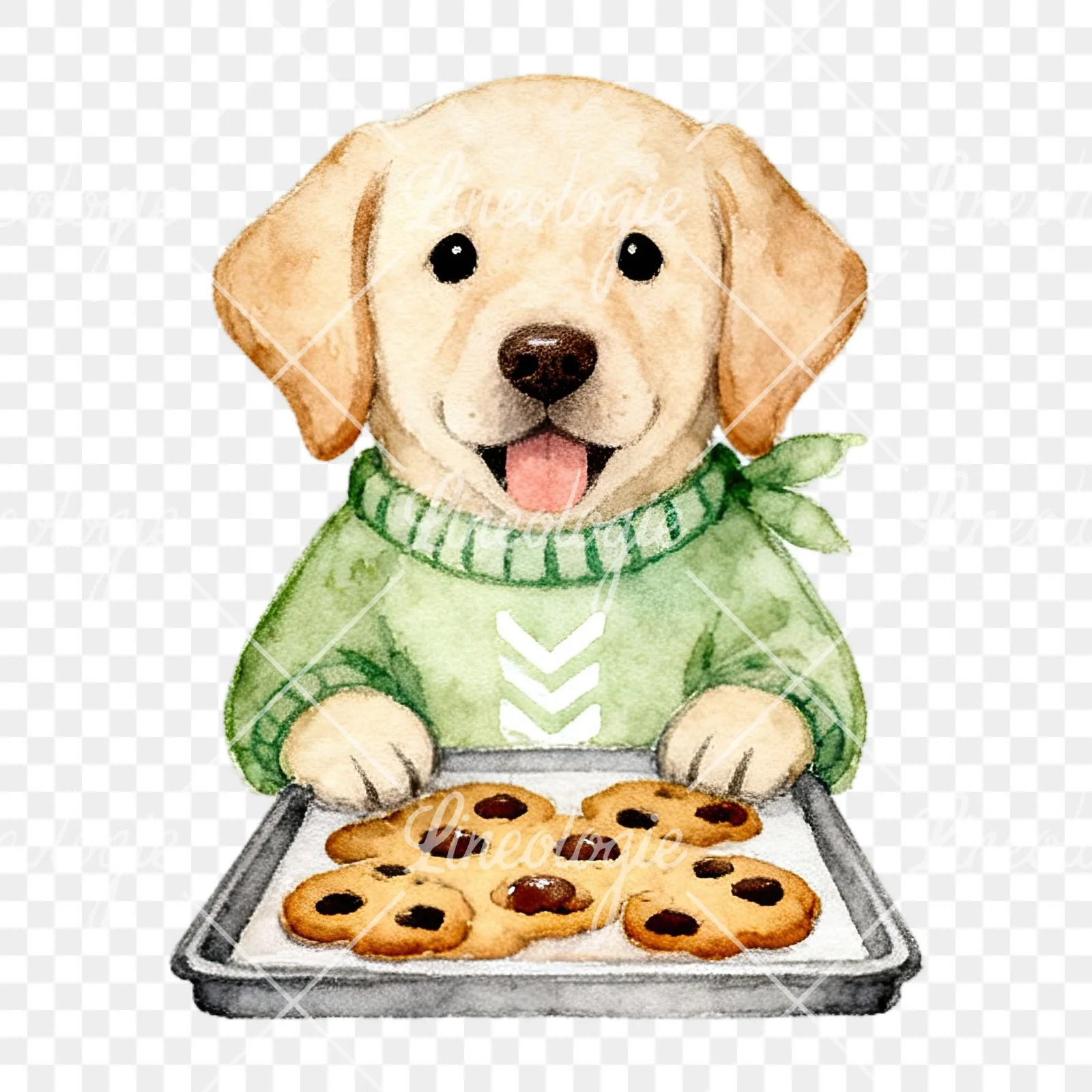 Watercolor Easter puppy with baking tray clipart 5 of 9 on a transparent background (PNG)