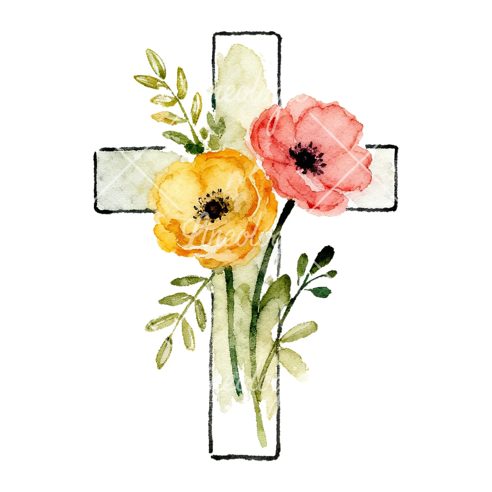 Watercolor floral cross clipart 1 of 9 on a white background (JPG)