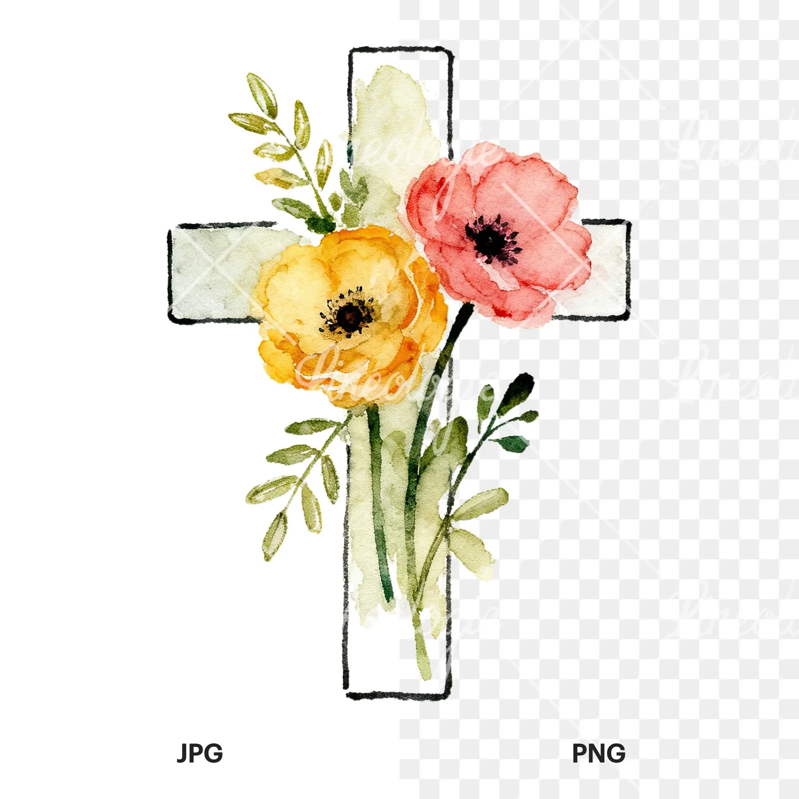 Watercolor floral cross clipart 1 of 9, as a JPG on white and a transparent PNG