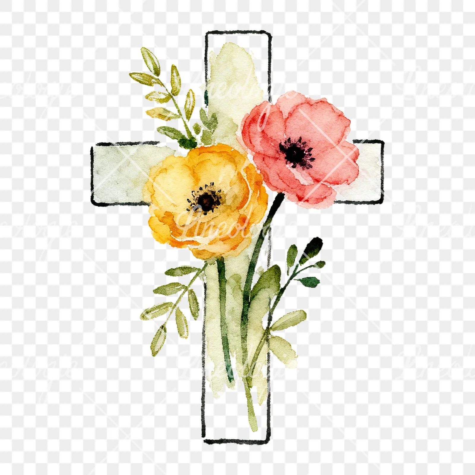 Watercolor floral cross clipart 1 of 9 on a transparent background (PNG)