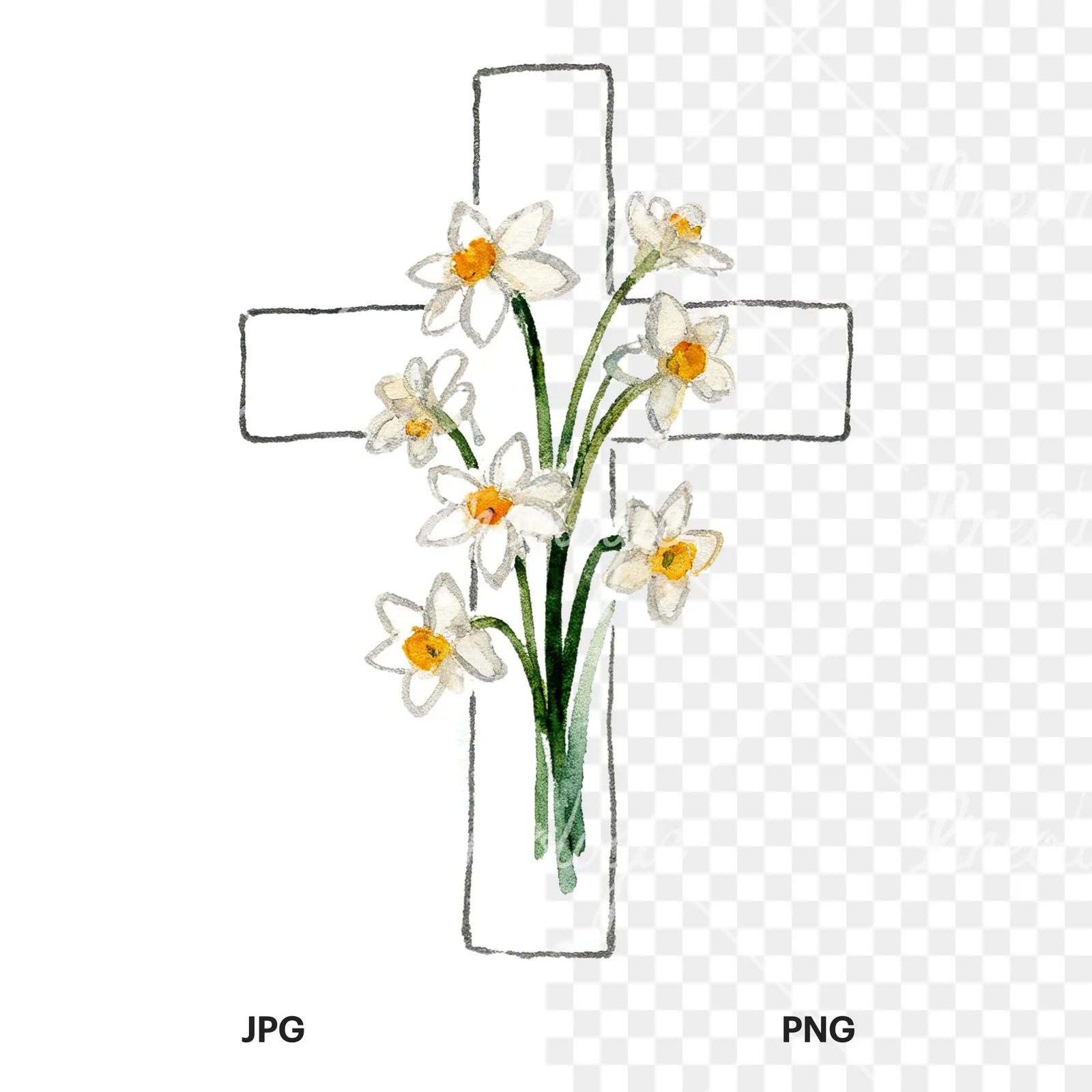 Watercolor floral cross clipart 2 of 9, as a JPG on white and a transparent PNG