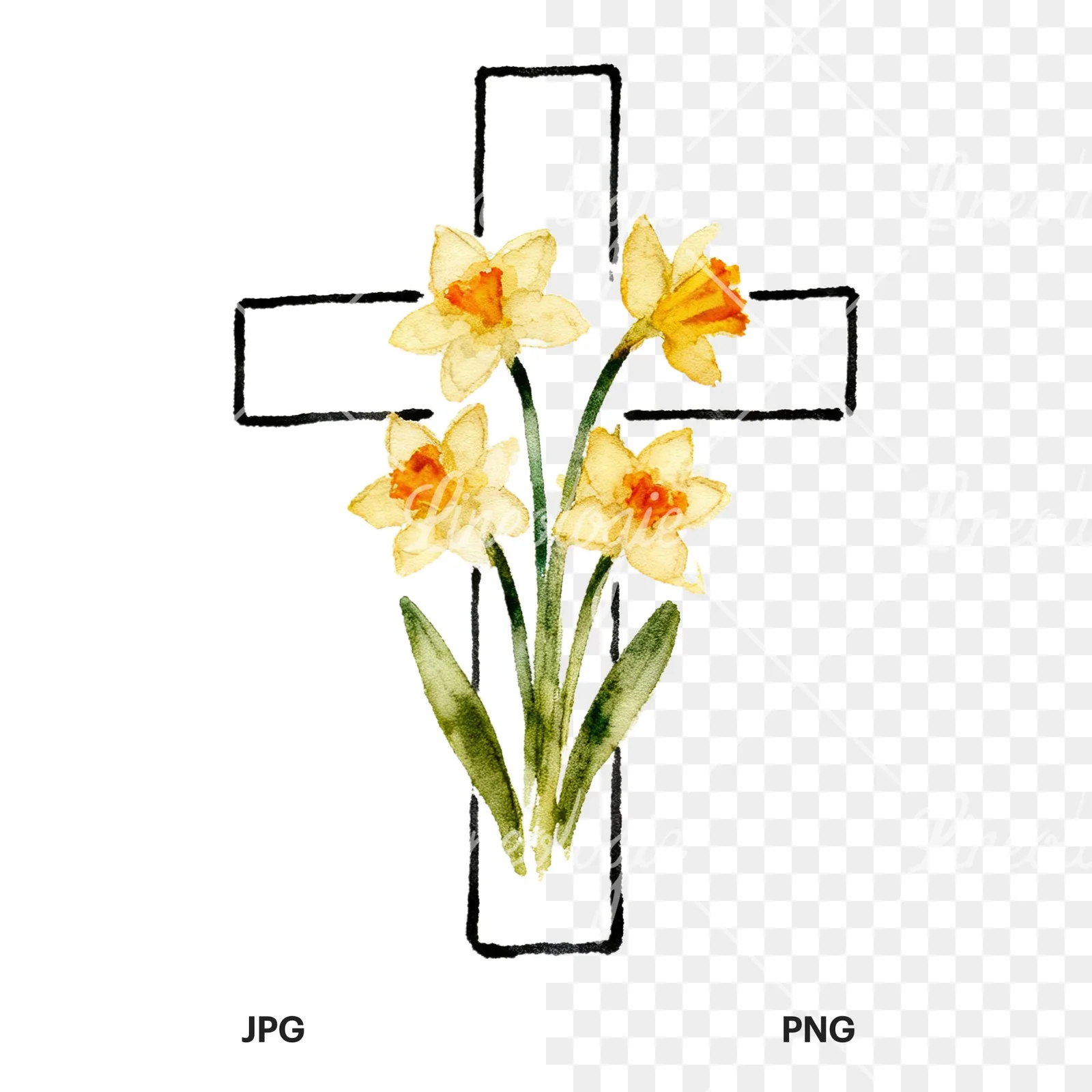 Watercolor floral cross clipart 3 of 9, as a JPG on white and a transparent PNG