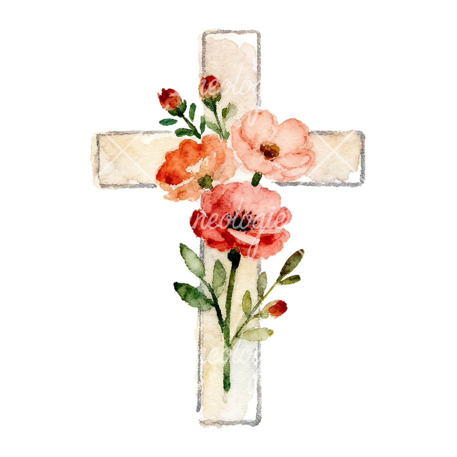 Watercolor floral cross clipart 4 of 9 on a white background (JPG)