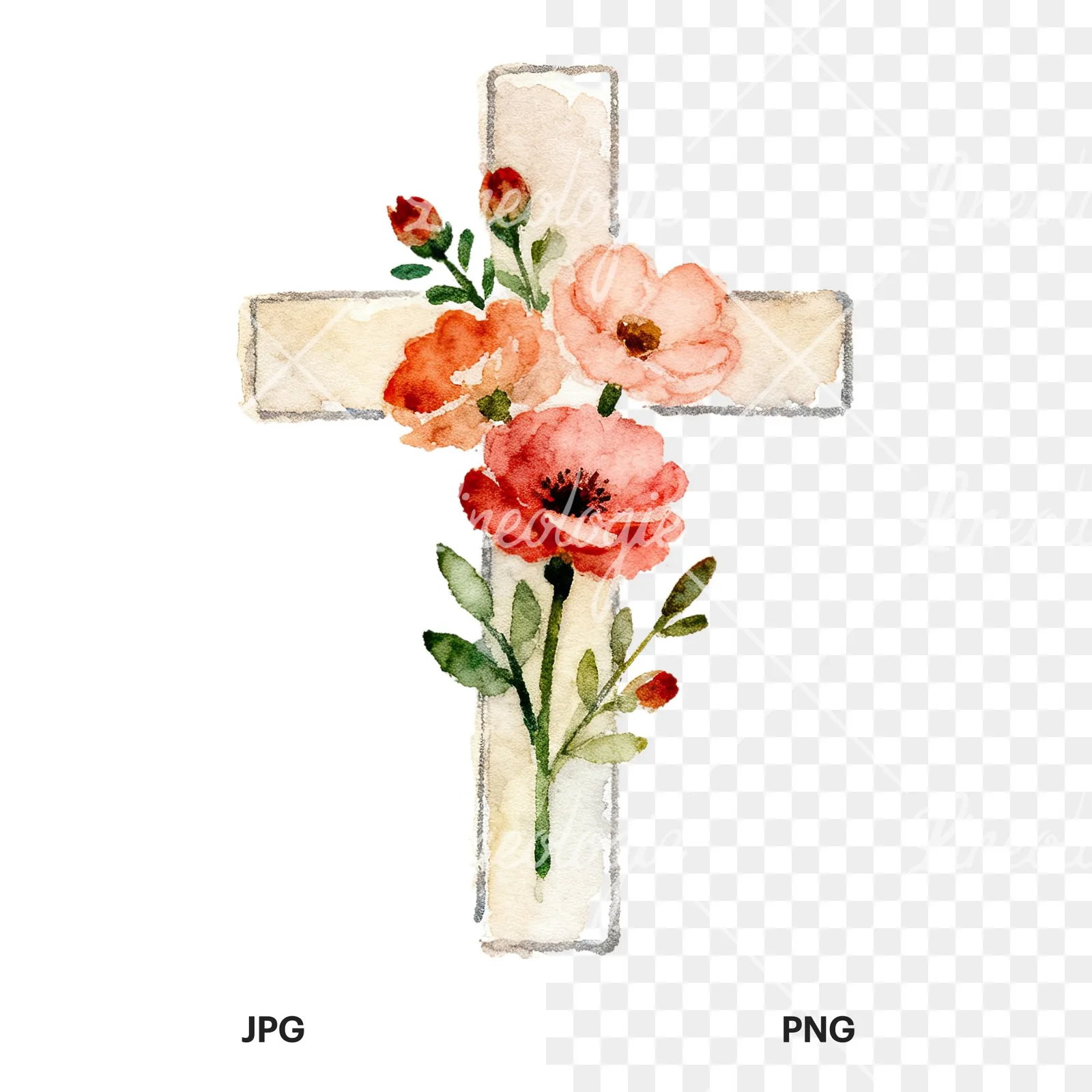 Watercolor floral cross clipart 4 of 9, as a JPG on white and a transparent PNG