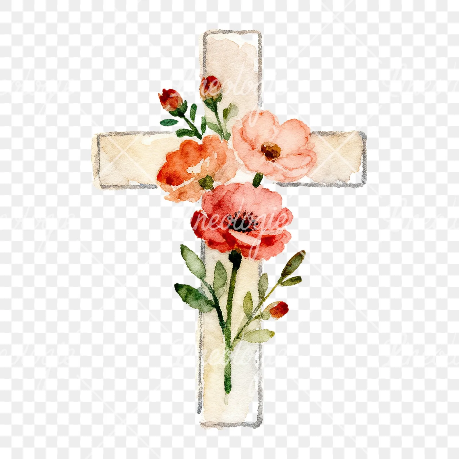Watercolor floral cross clipart 4 of 9 on a transparent background (PNG)
