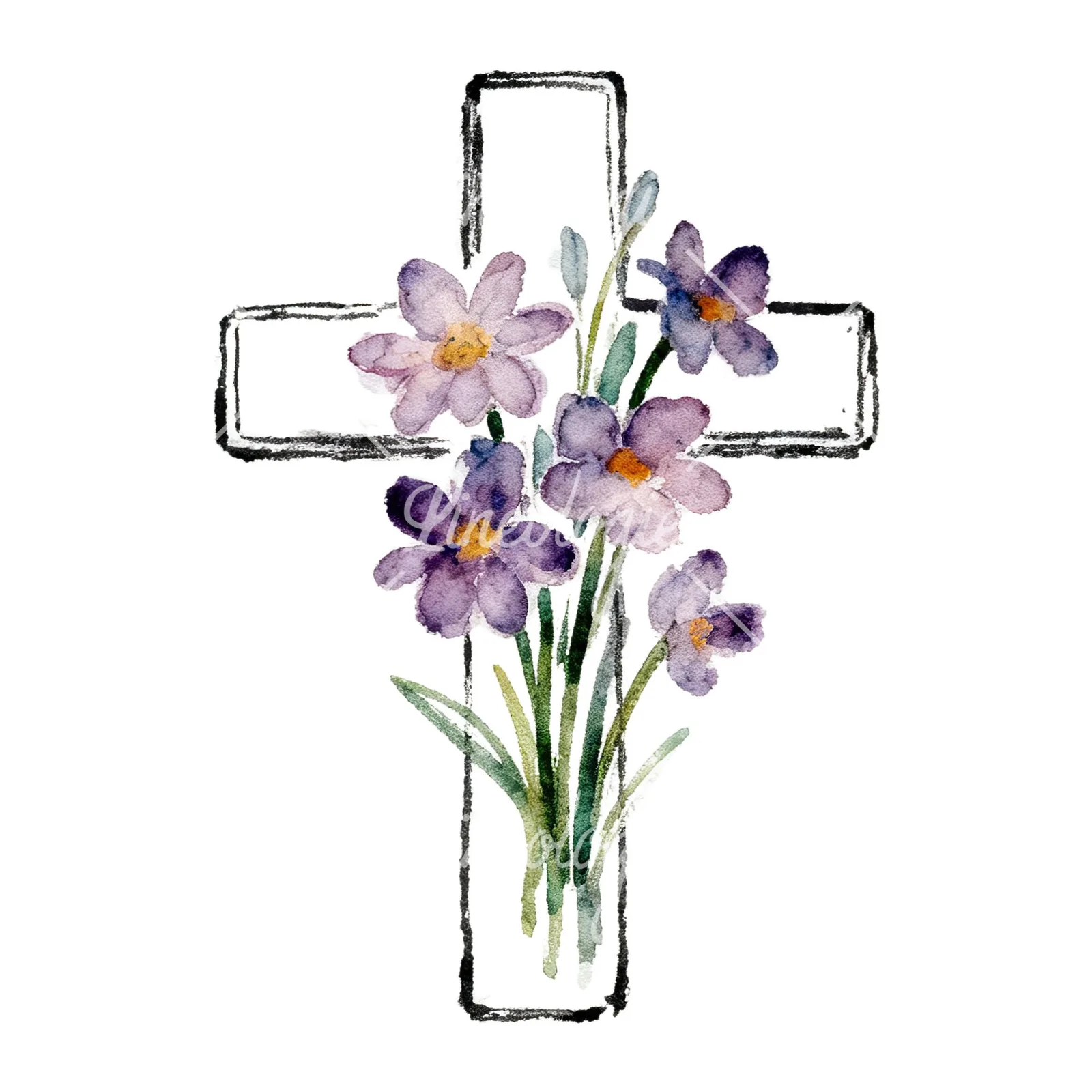Watercolor floral cross clipart 5 of 9 on a white background (JPG)