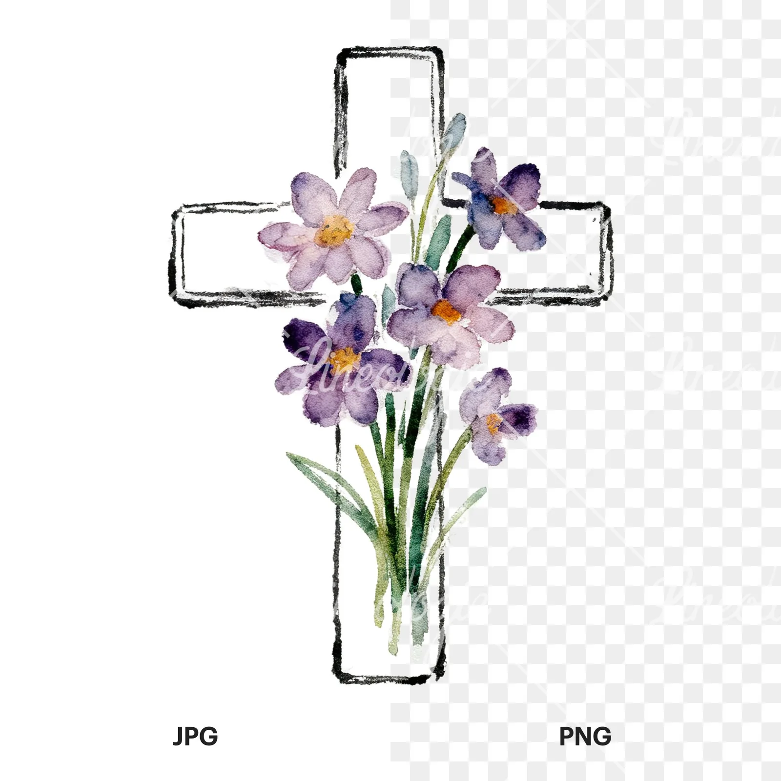 Watercolor floral cross clipart 5 of 9, as a JPG on white and a transparent PNG