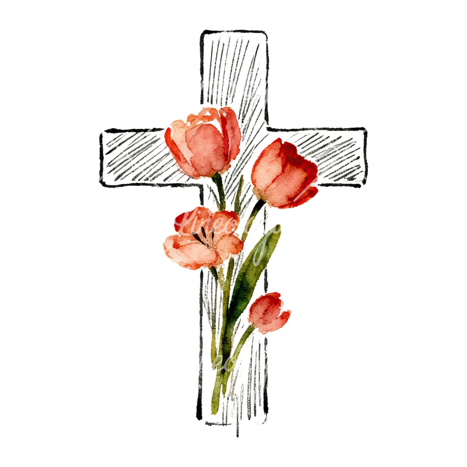 Watercolor floral cross clipart 6 of 9 on a white background (JPG)