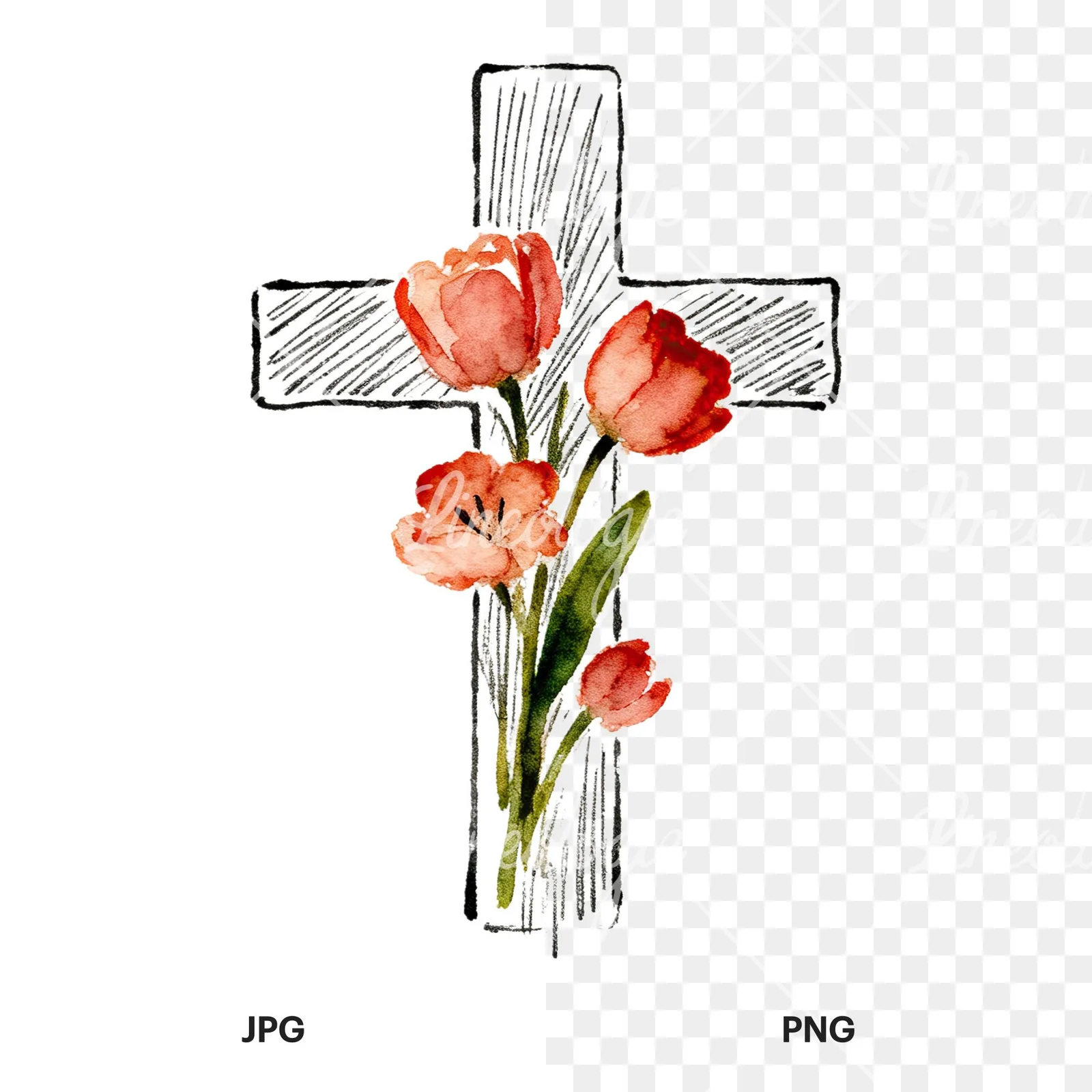 Watercolor floral cross clipart 6 of 9, as a JPG on white and a transparent PNG