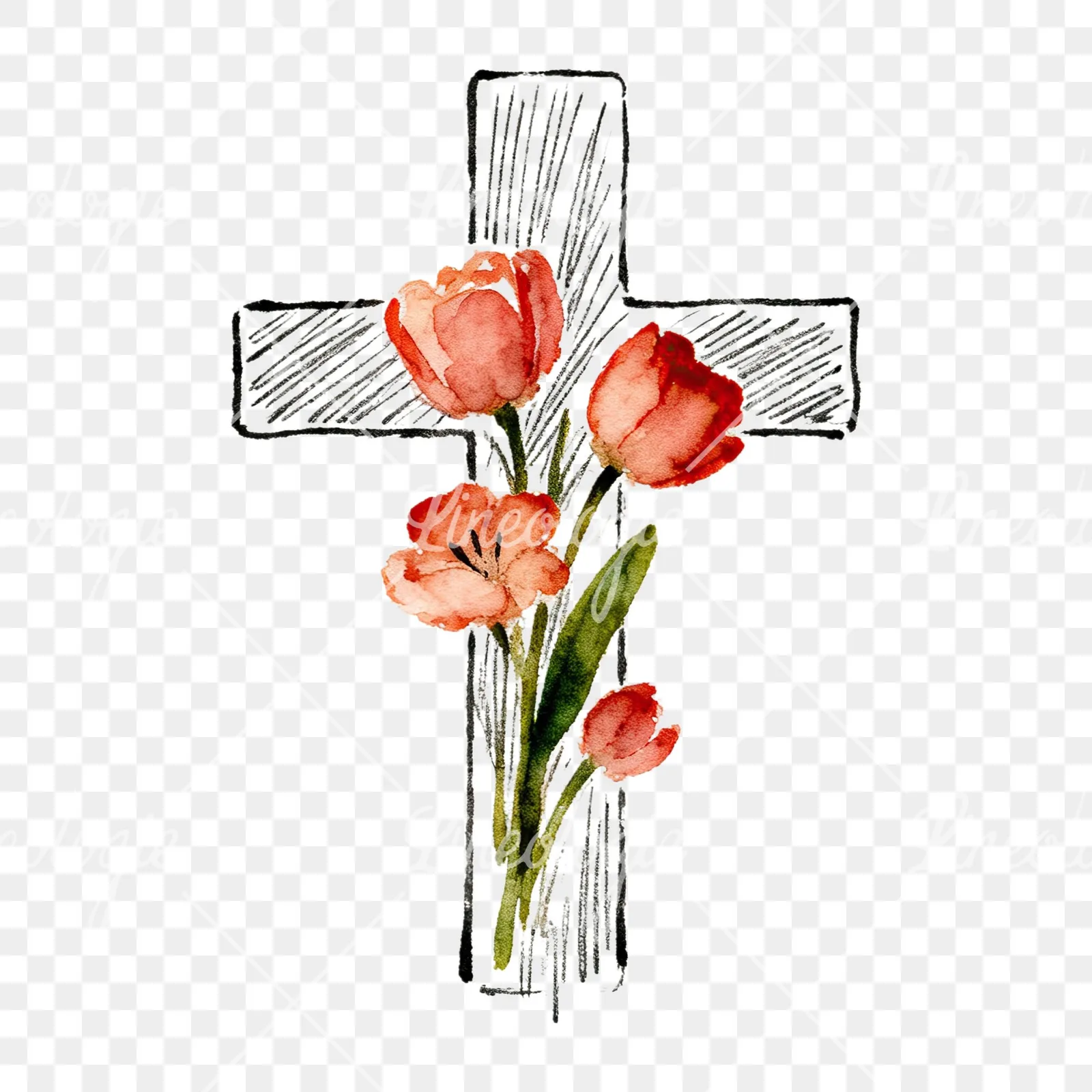 Watercolor floral cross clipart 6 of 9 on a transparent background (PNG)