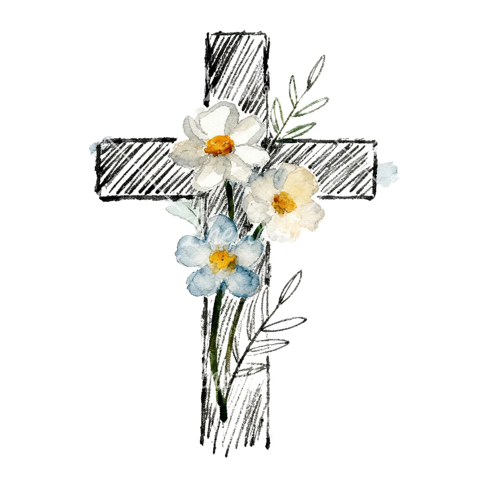 Watercolor floral cross clipart 7 of 9 on a white background (JPG)