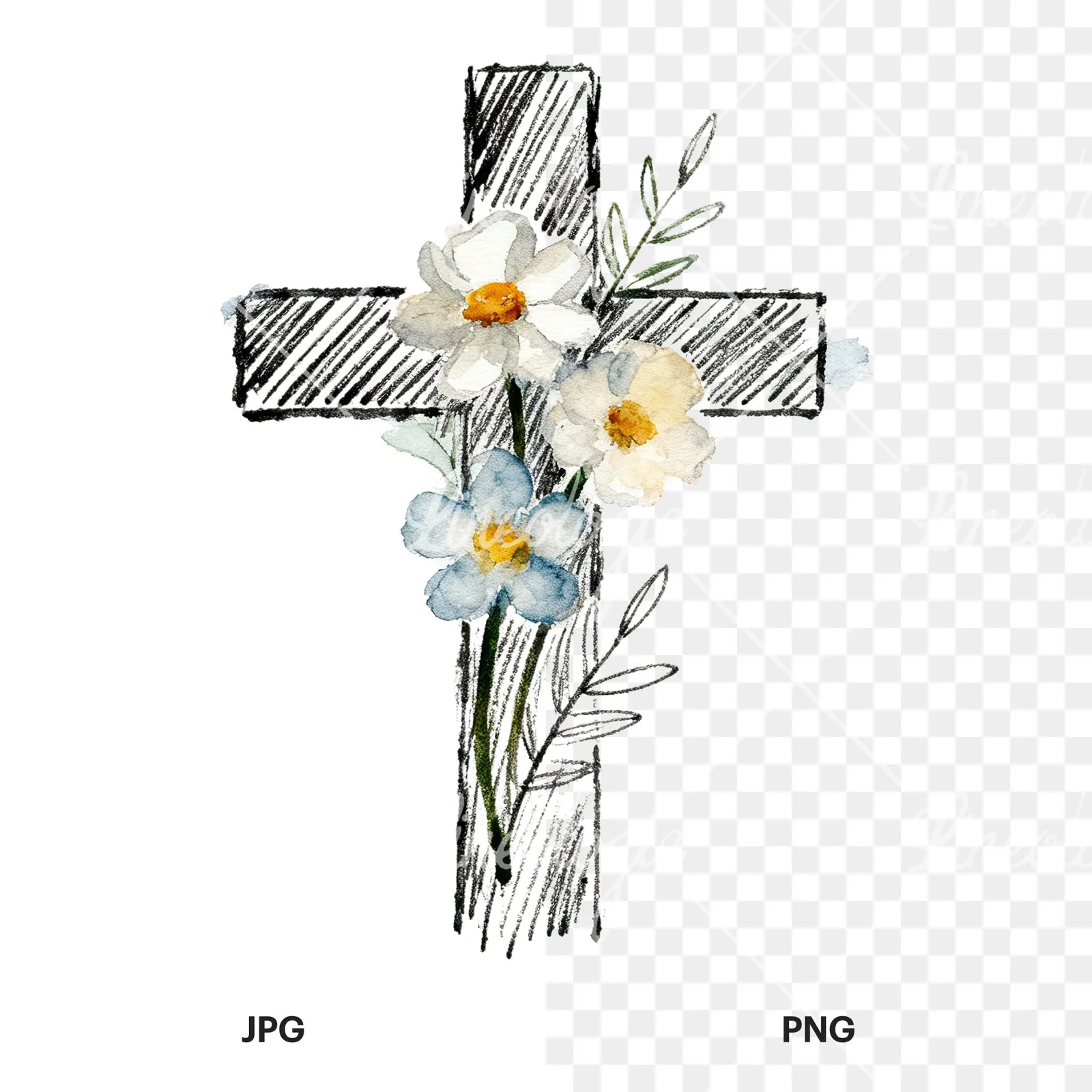 Watercolor floral cross clipart 7 of 9, as a JPG on white and a transparent PNG
