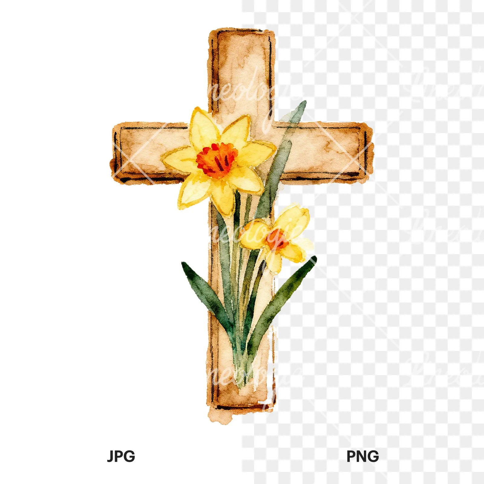 Watercolor floral cross clipart 8 of 9, as a JPG on white and a transparent PNG