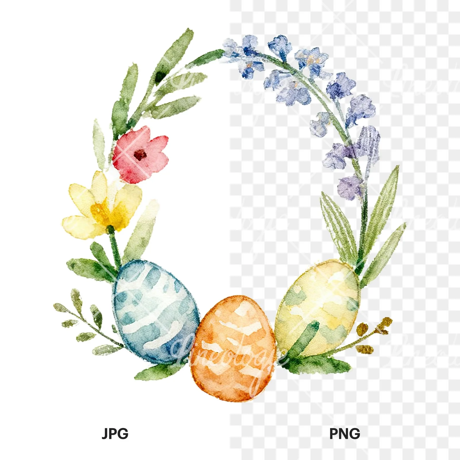 Watercolor floral wreath clipart 1 of 9, as a JPG on white and a transparent PNG