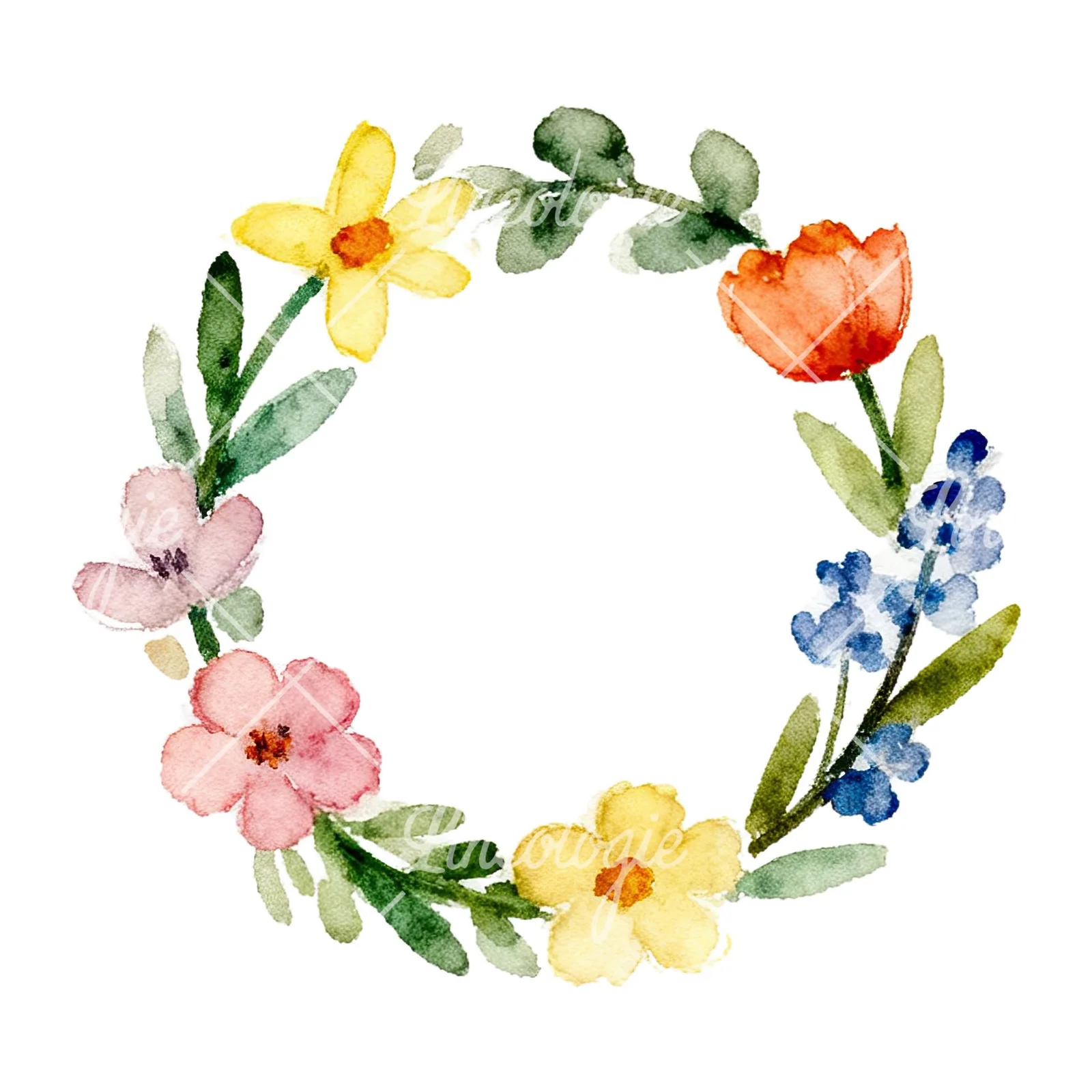 Watercolor floral wreath clipart 2 of 9 on a white background (JPG)