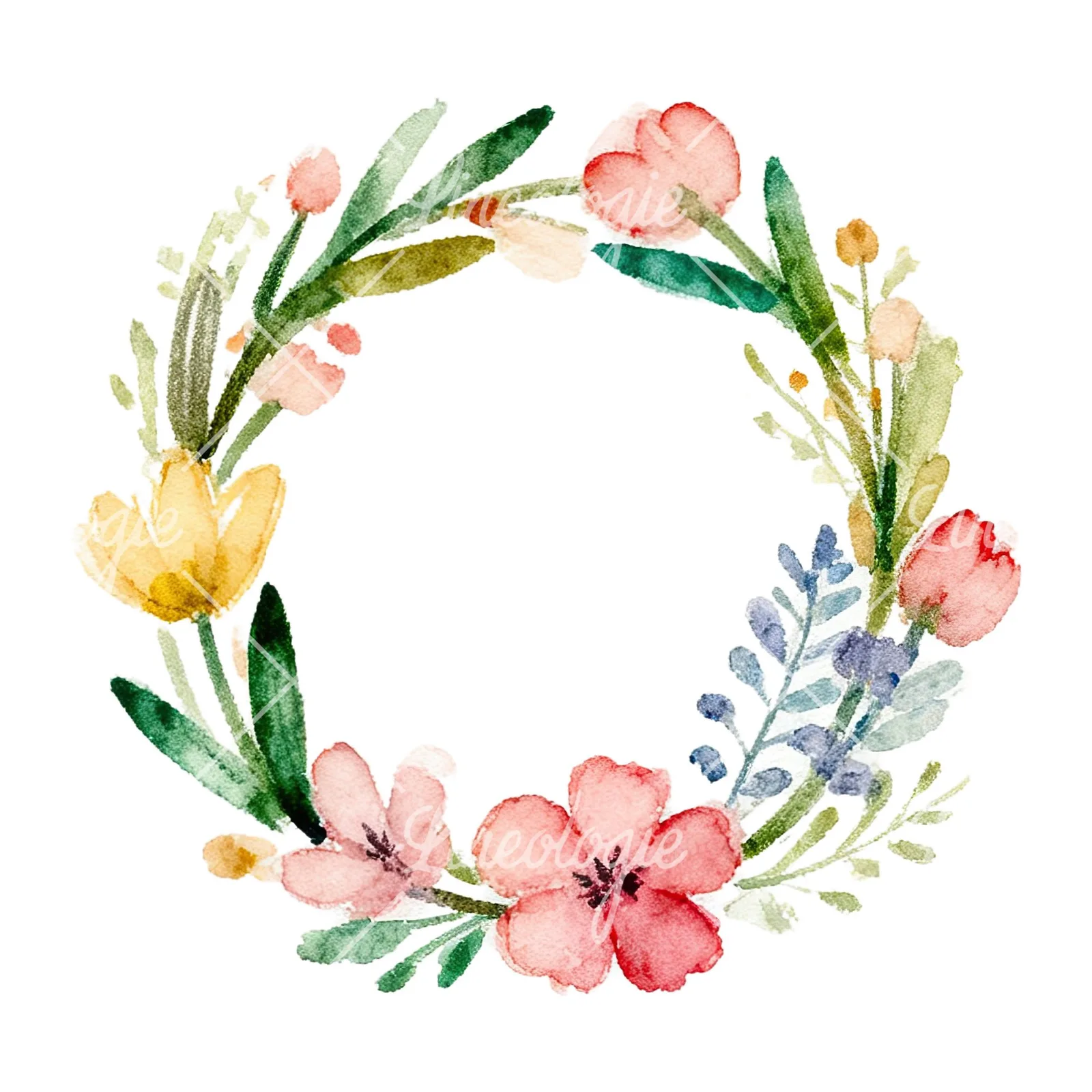 Watercolor floral wreath clipart 5 of 9 on a white background (JPG)