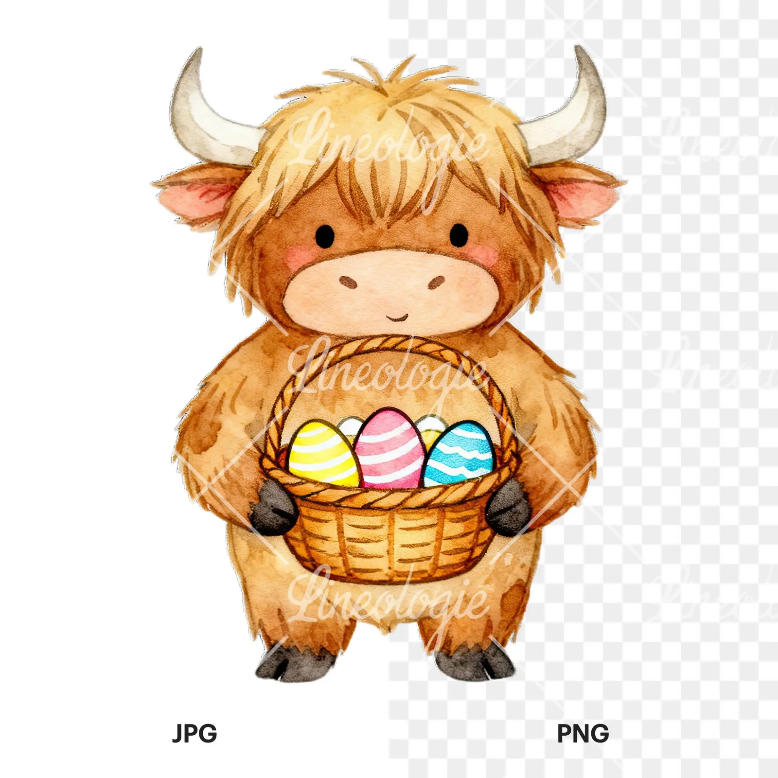 Watercolor highland cow clipart 1 of 9, as a JPG on white and a transparent PNG