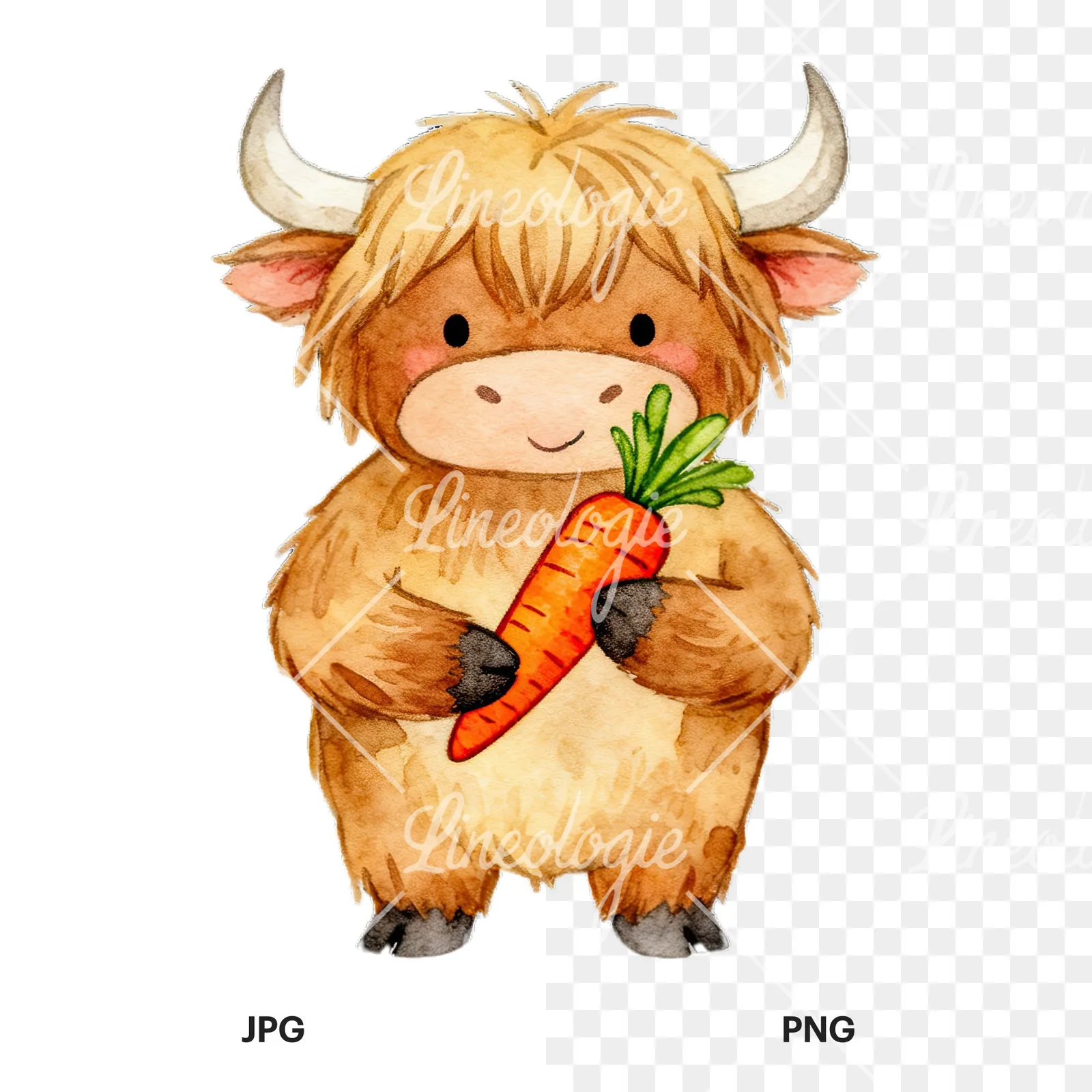 Watercolor highland cow clipart 2 of 9, as a JPG on white and a transparent PNG