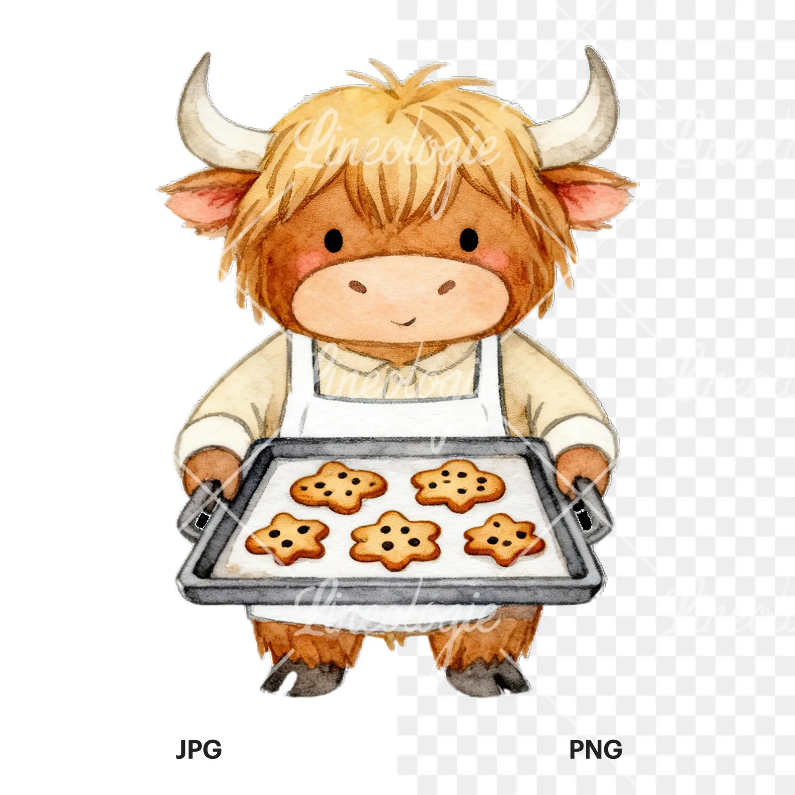 Watercolor highland cow clipart 3 of 9, as a JPG on white and a transparent PNG