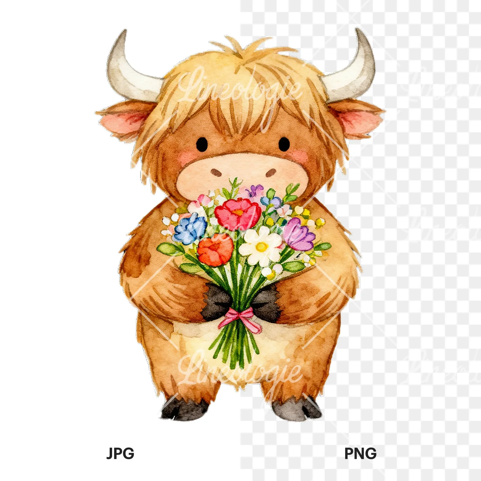 Watercolor highland cow clipart 4 of 9, as a JPG on white and a transparent PNG