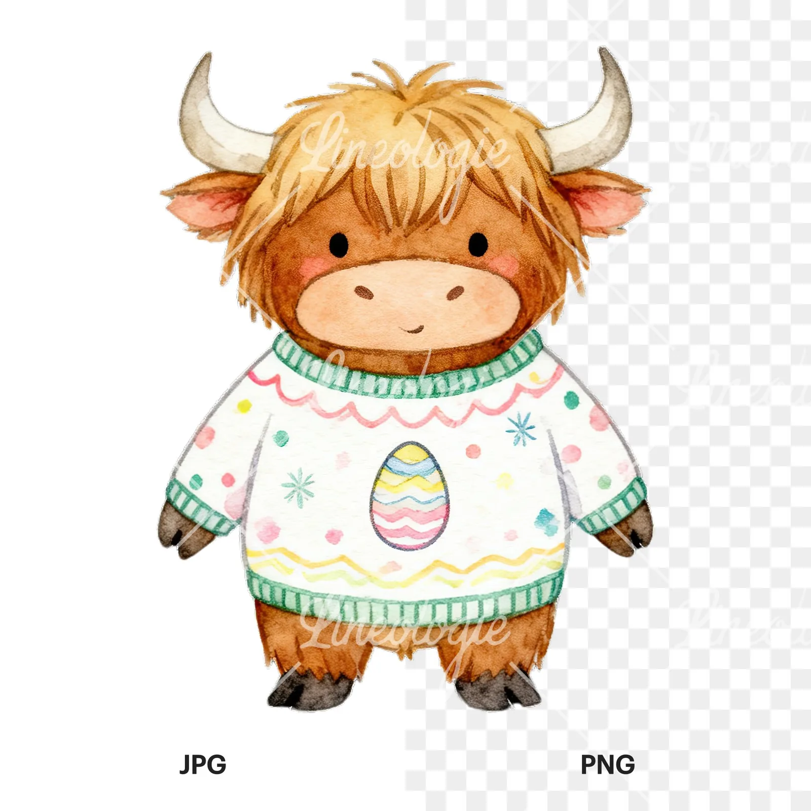 Watercolor highland cow clipart 5 of 9, as a JPG on white and a transparent PNG
