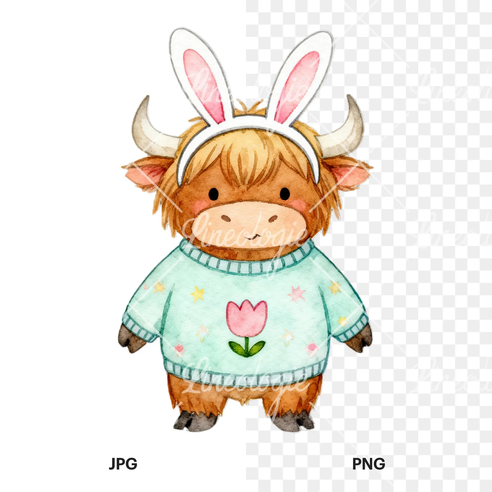 Watercolor highland cow clipart 6 of 9, as a JPG on white and a transparent PNG