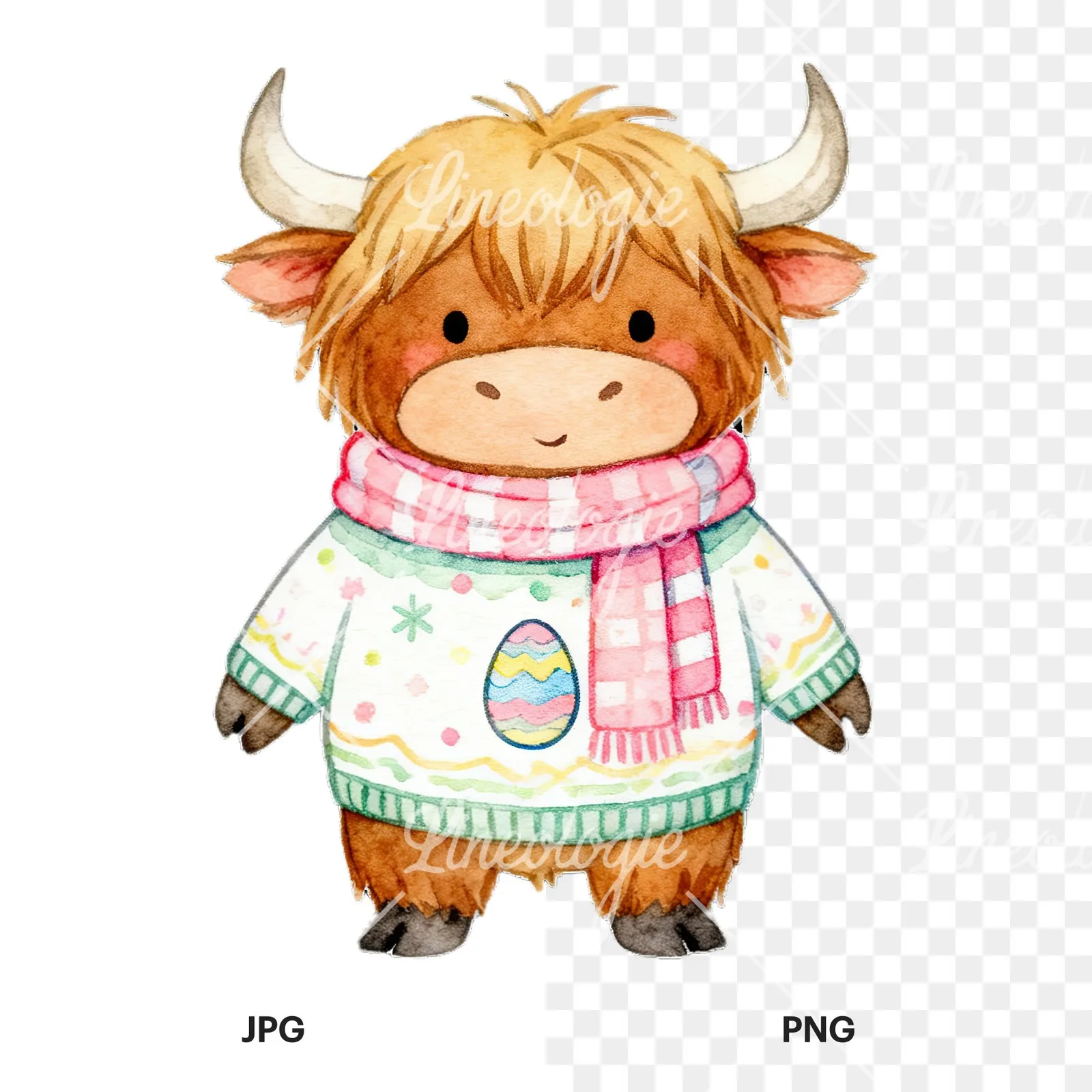 Watercolor highland cow clipart 8 of 9, as a JPG on white and a transparent PNG