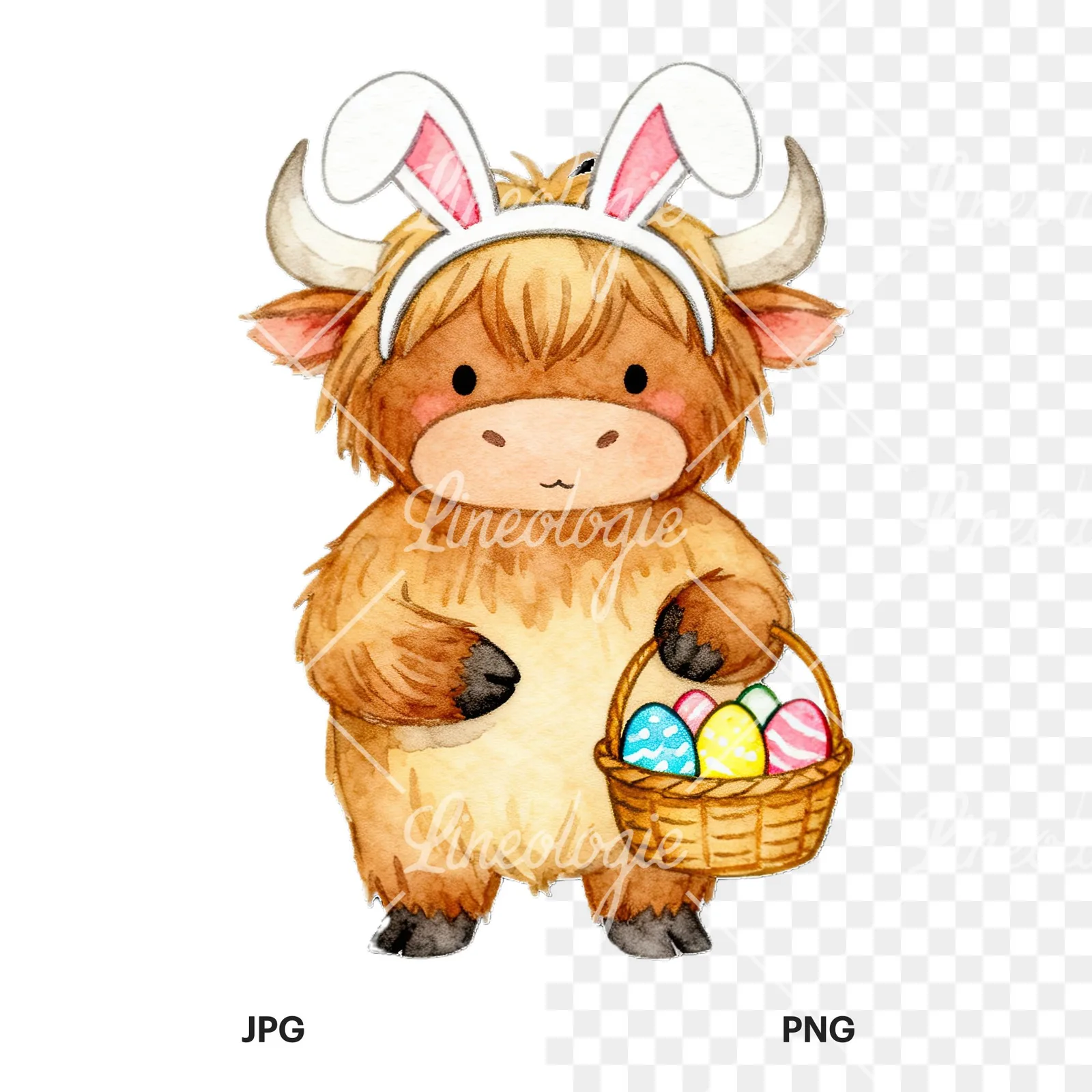 Watercolor highland cow clipart 9 of 9, as a JPG on white and a transparent PNG