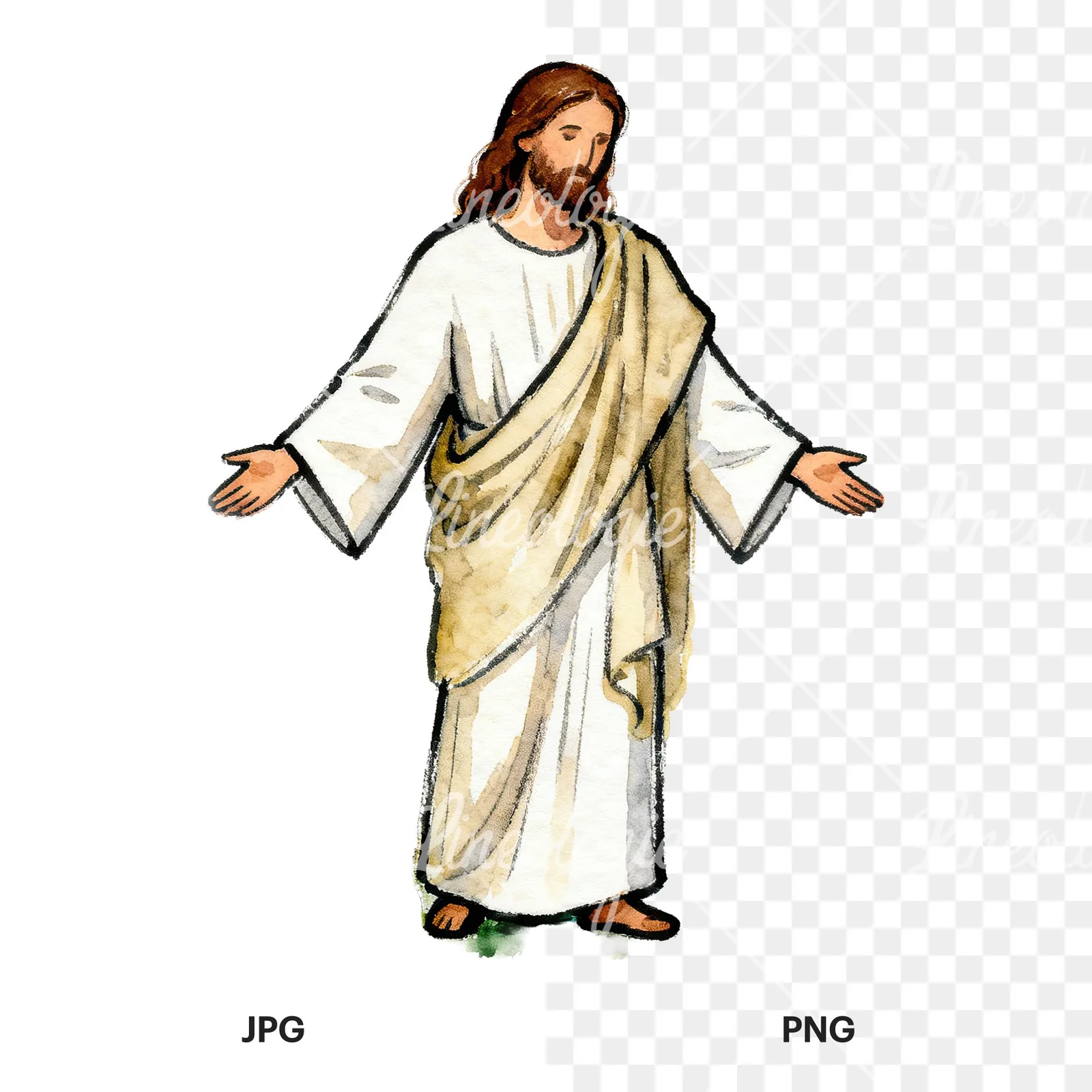 Watercolor jesus clipart 1 of 9, as a JPG on white and a transparent PNG