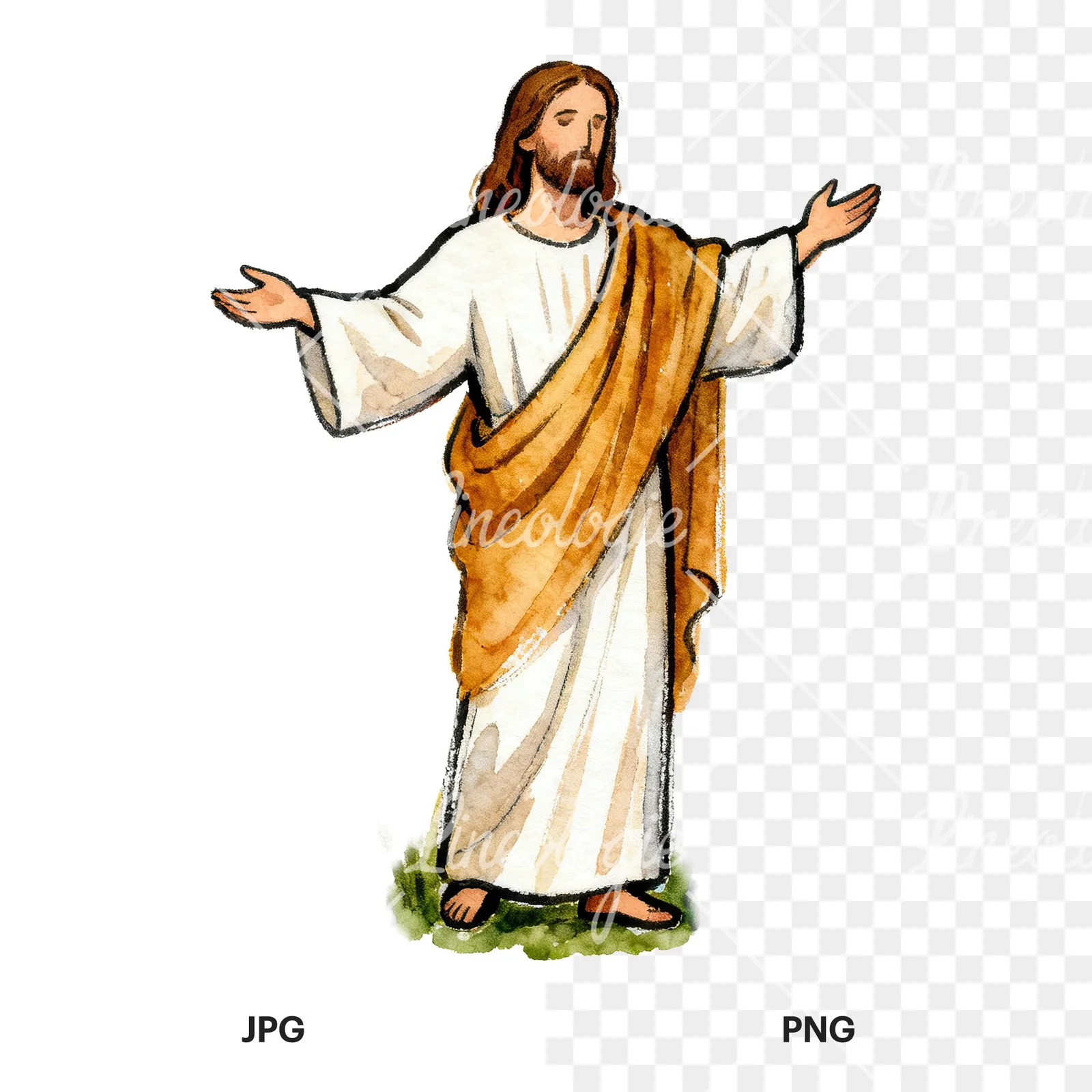 Watercolor jesus clipart 2 of 9, as a JPG on white and a transparent PNG