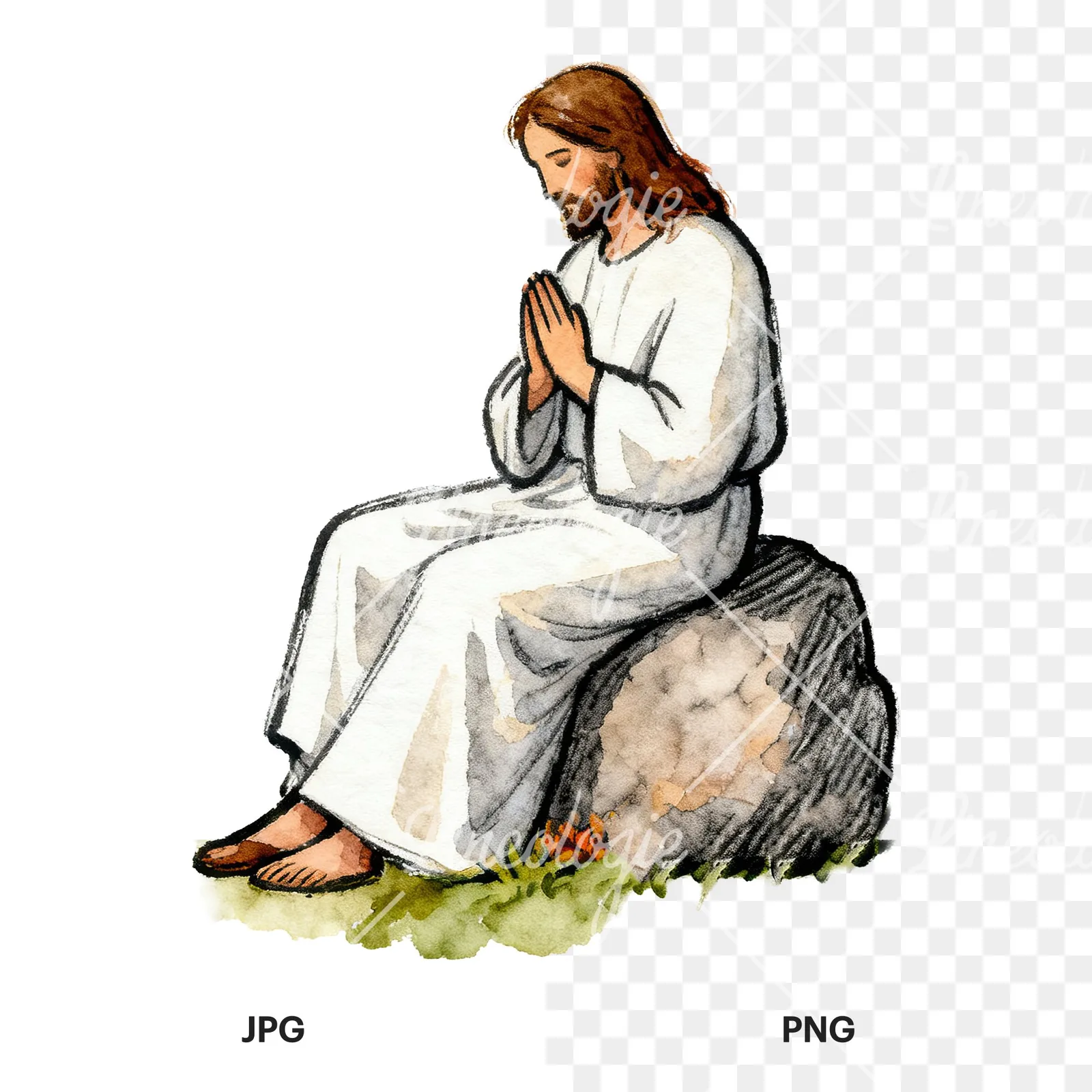 Watercolor jesus clipart 3 of 9, as a JPG on white and a transparent PNG