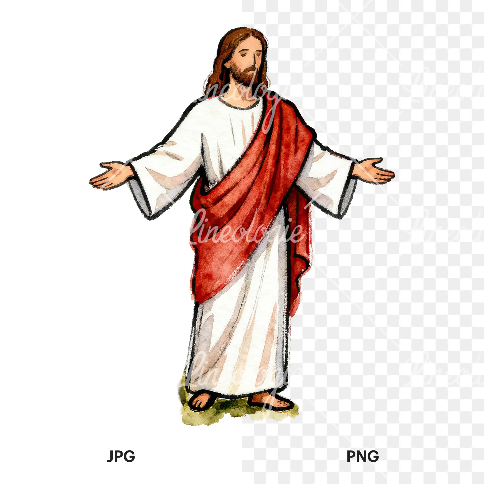 Watercolor jesus clipart 5 of 9, as a JPG on white and a transparent PNG