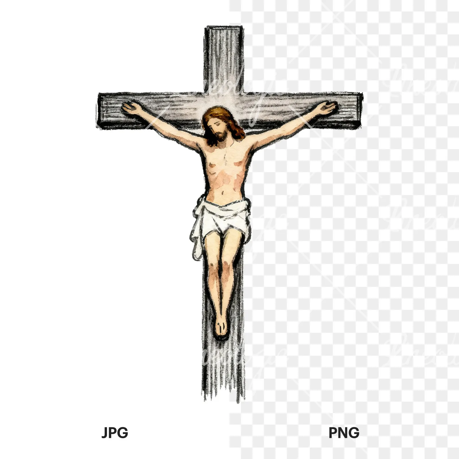Watercolor jesus clipart 6 of 9, as a JPG on white and a transparent PNG