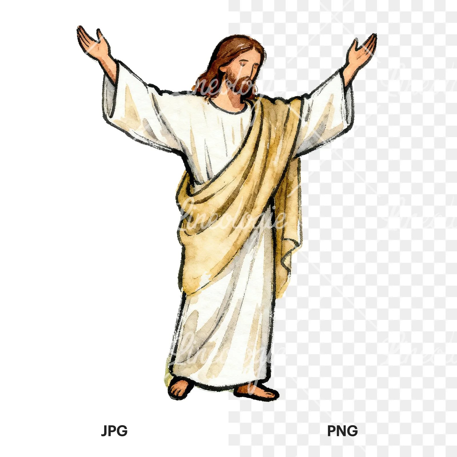 Watercolor jesus clipart 7 of 9, as a JPG on white and a transparent PNG