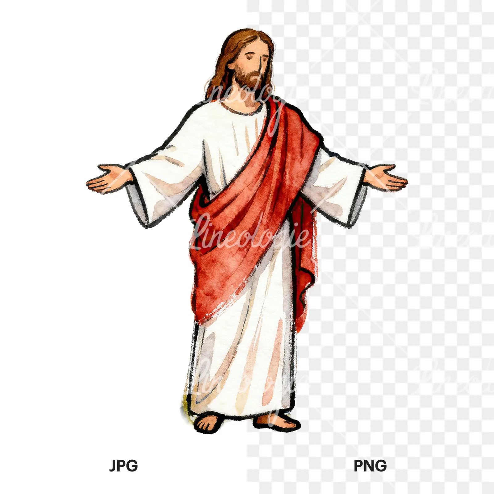 Watercolor jesus clipart 8 of 9, as a JPG on white and a transparent PNG
