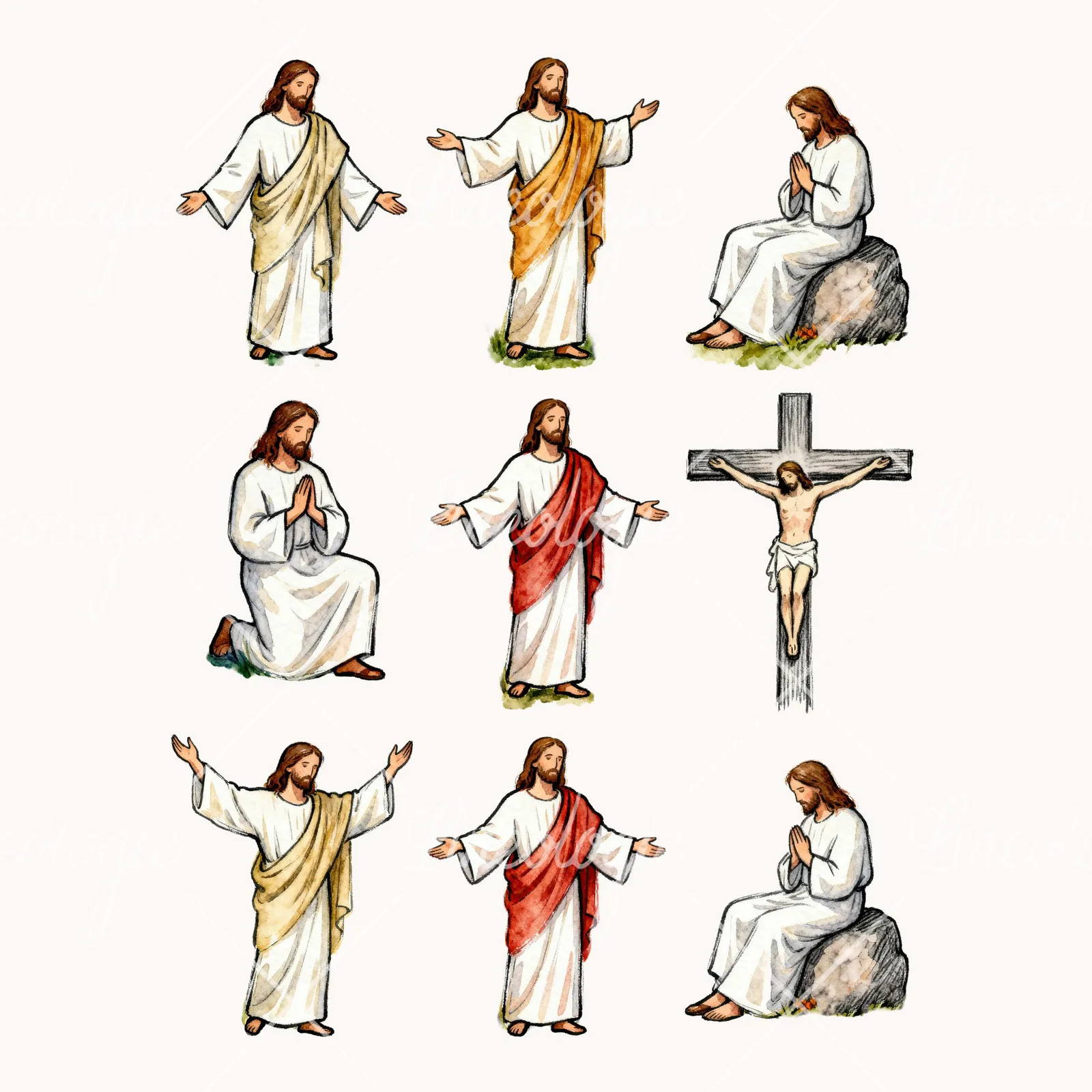 Watercolor Jesus Clipart, all 9 illustrations in the pack