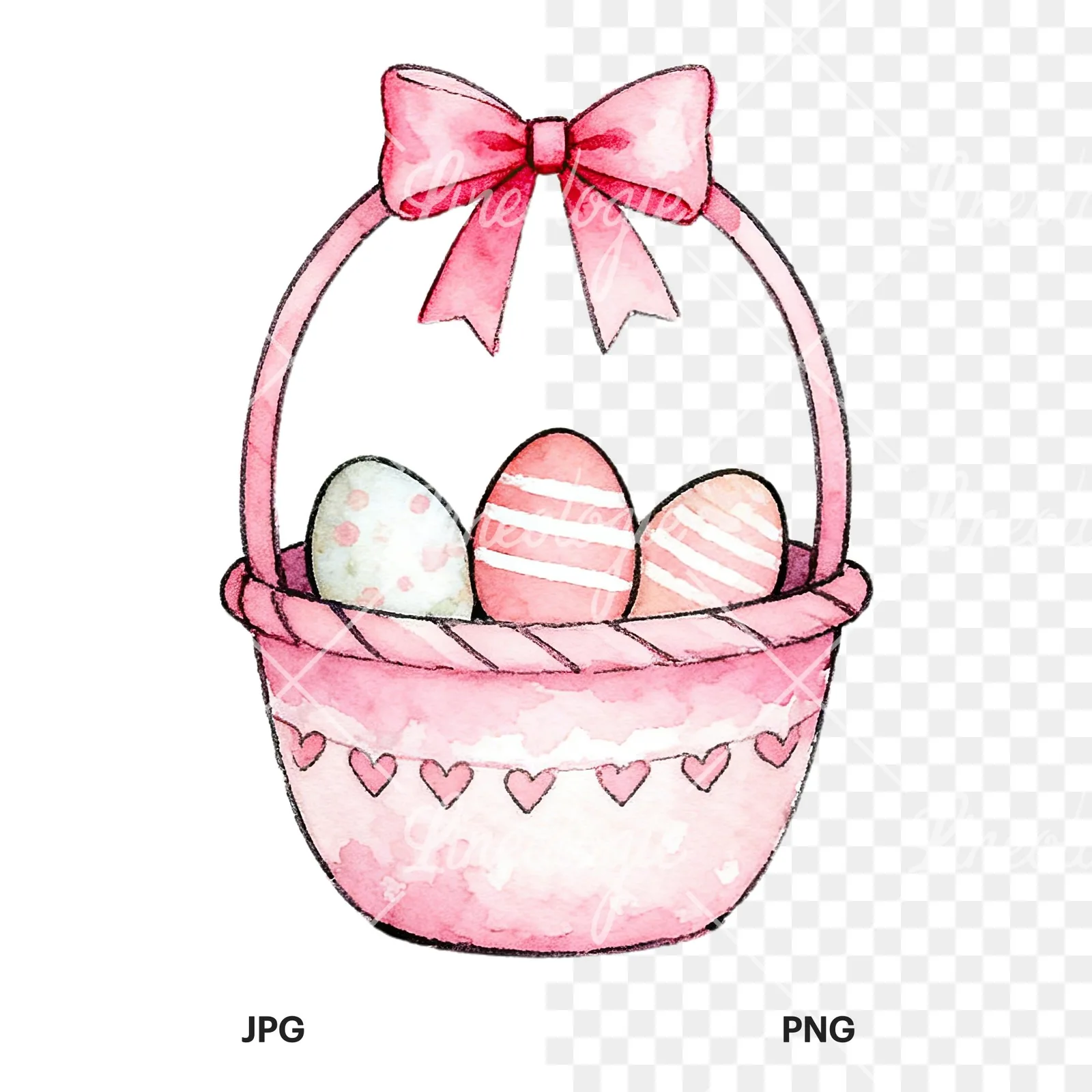 Watercolor pink girls basket clipart 1 of 9, as a JPG on white and a transparent PNG