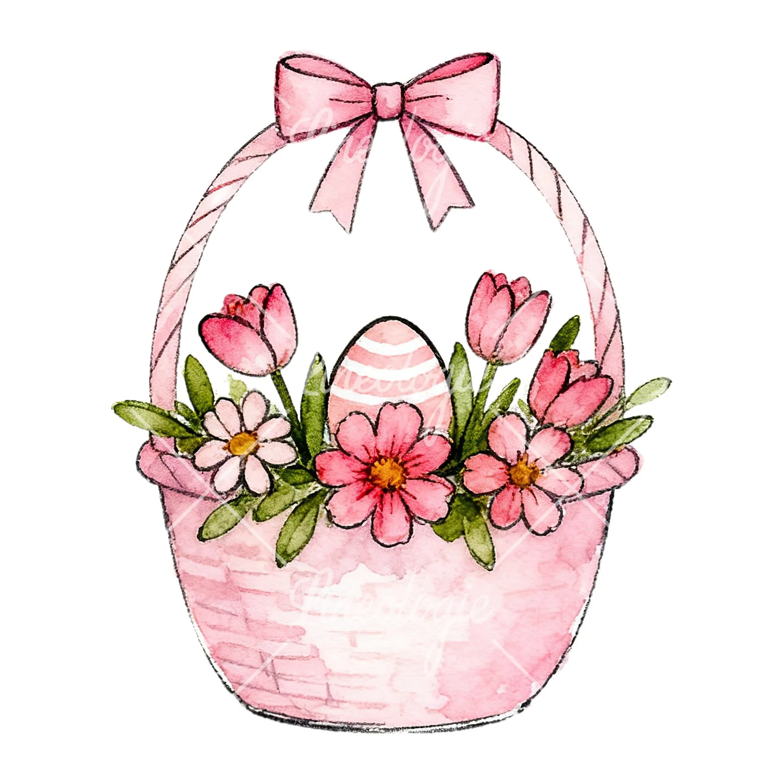 Watercolor pink girls basket clipart 2 of 9 on a white background (JPG)