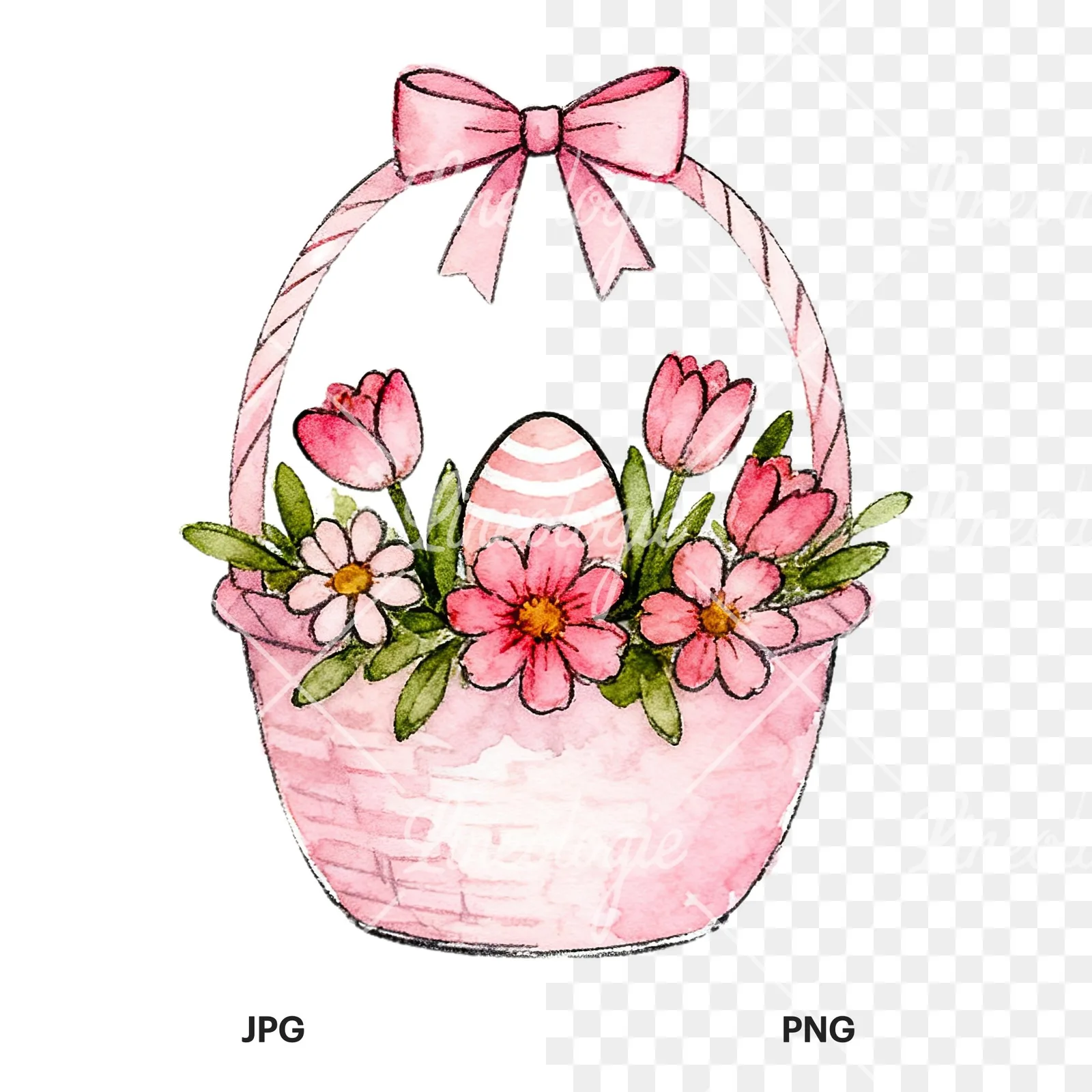 Watercolor pink girls basket clipart 2 of 9, as a JPG on white and a transparent PNG