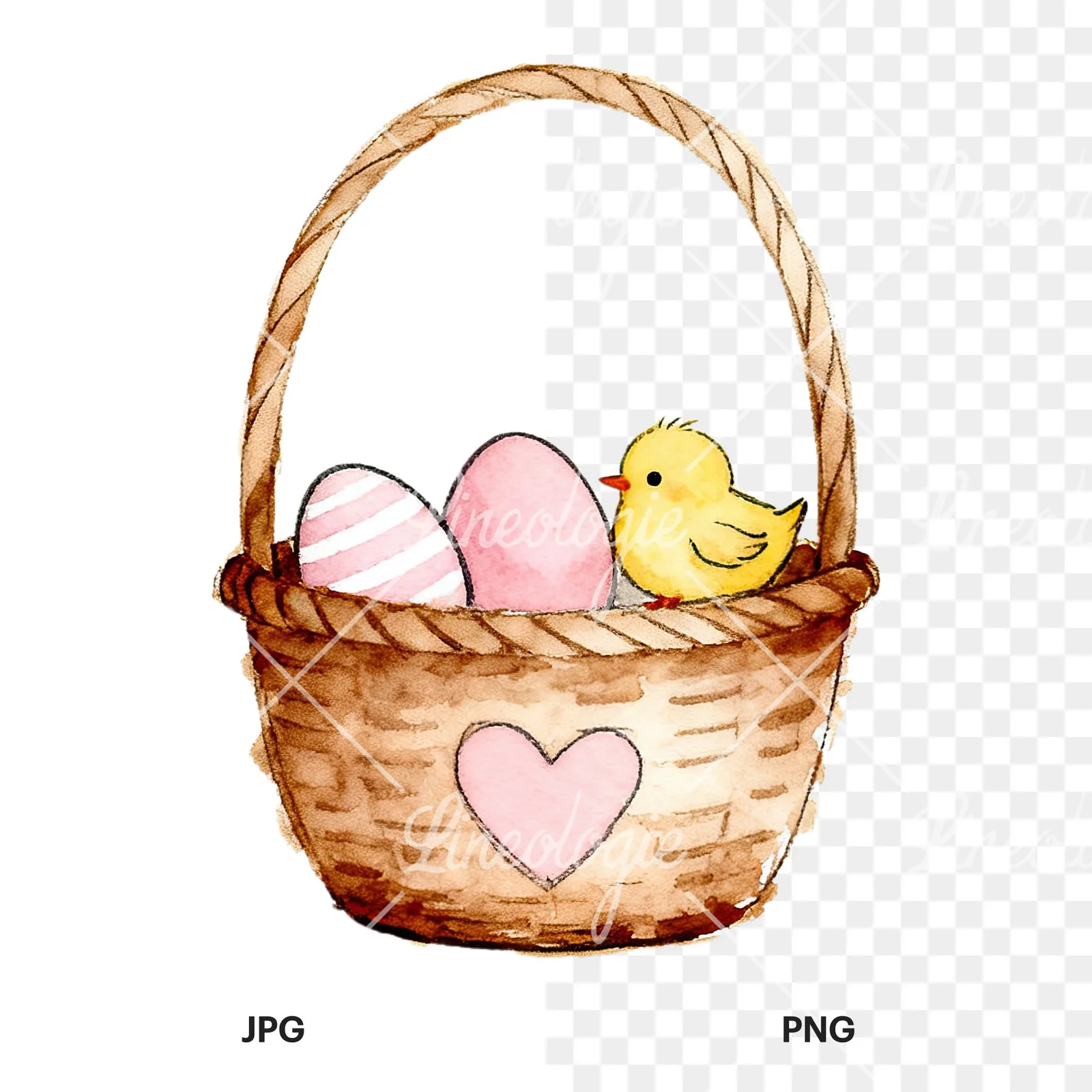 Watercolor pink girls basket clipart 3 of 9, as a JPG on white and a transparent PNG