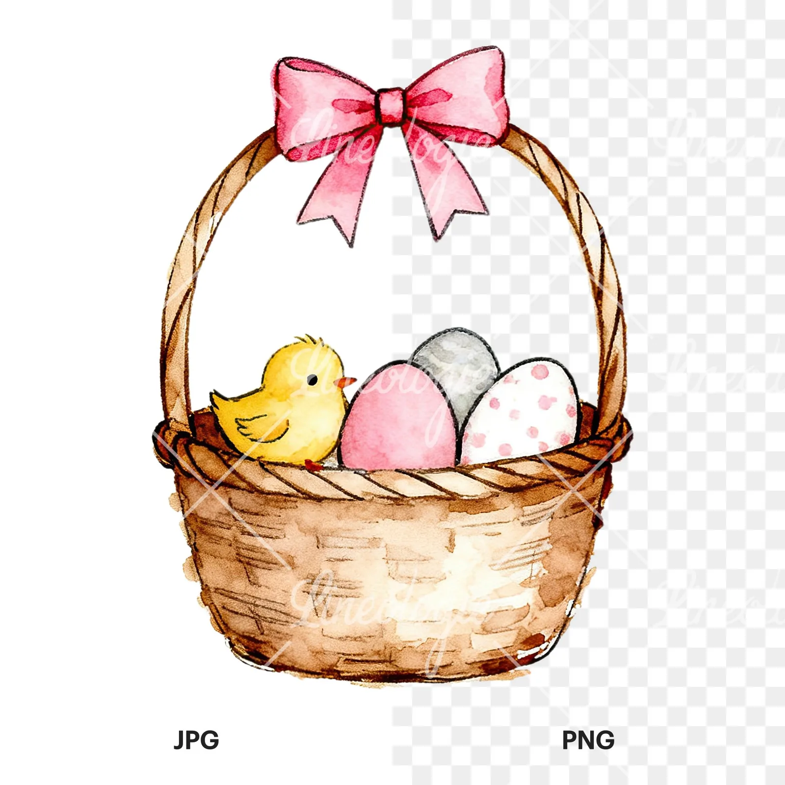 Watercolor pink girls basket clipart 4 of 9, as a JPG on white and a transparent PNG