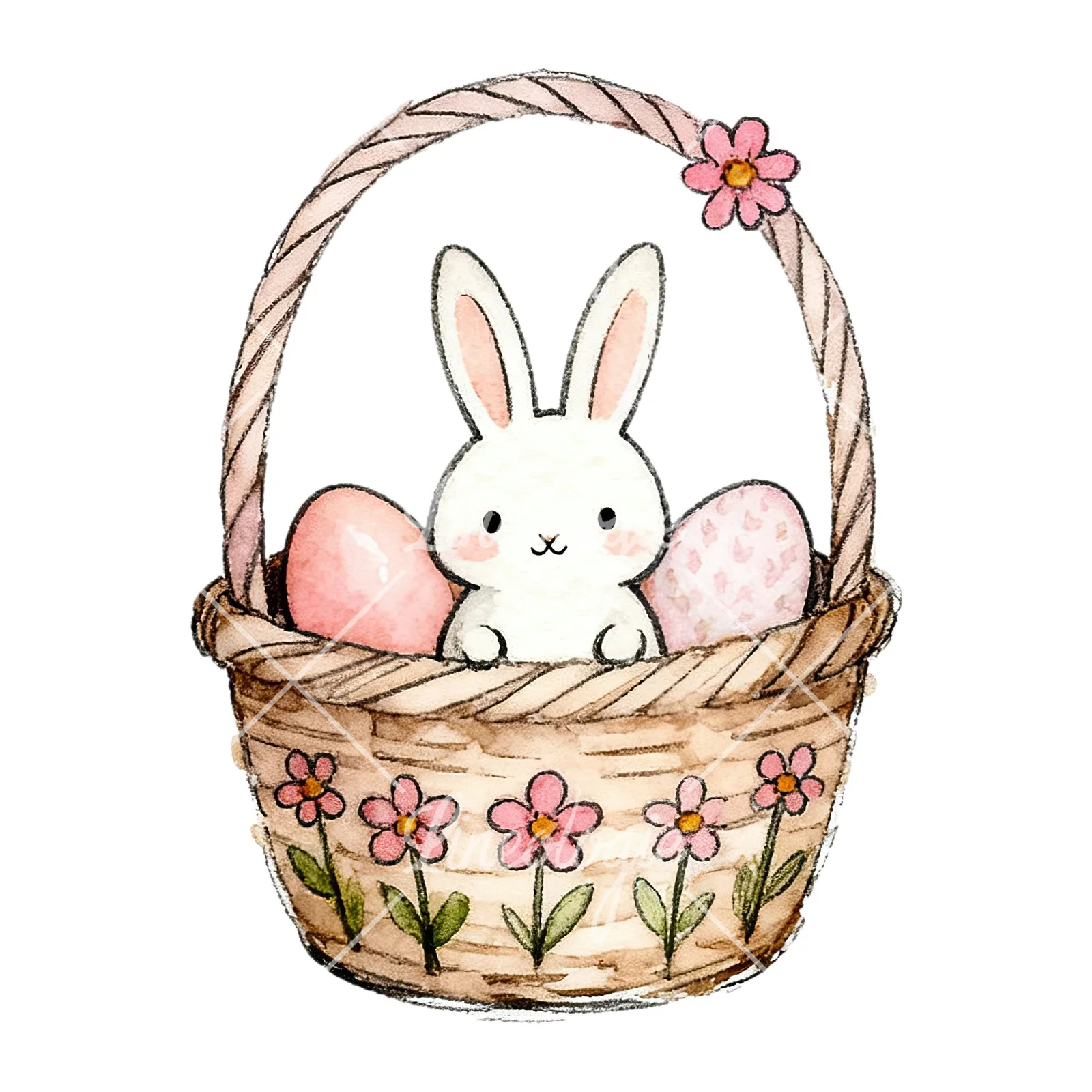 Watercolor pink girls basket clipart 5 of 9 on a white background (JPG)