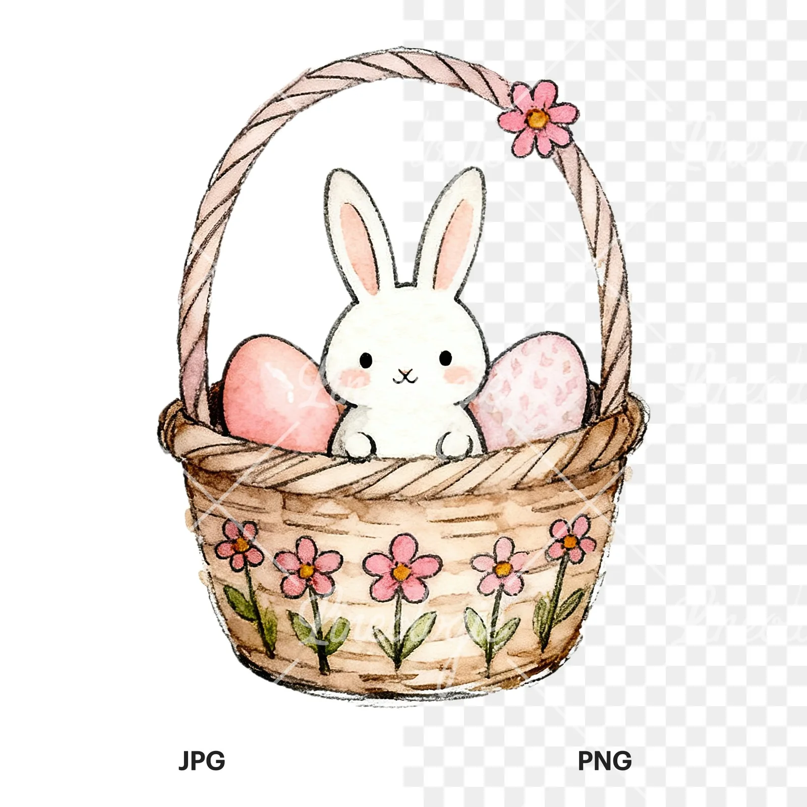 Watercolor pink girls basket clipart 5 of 9, as a JPG on white and a transparent PNG