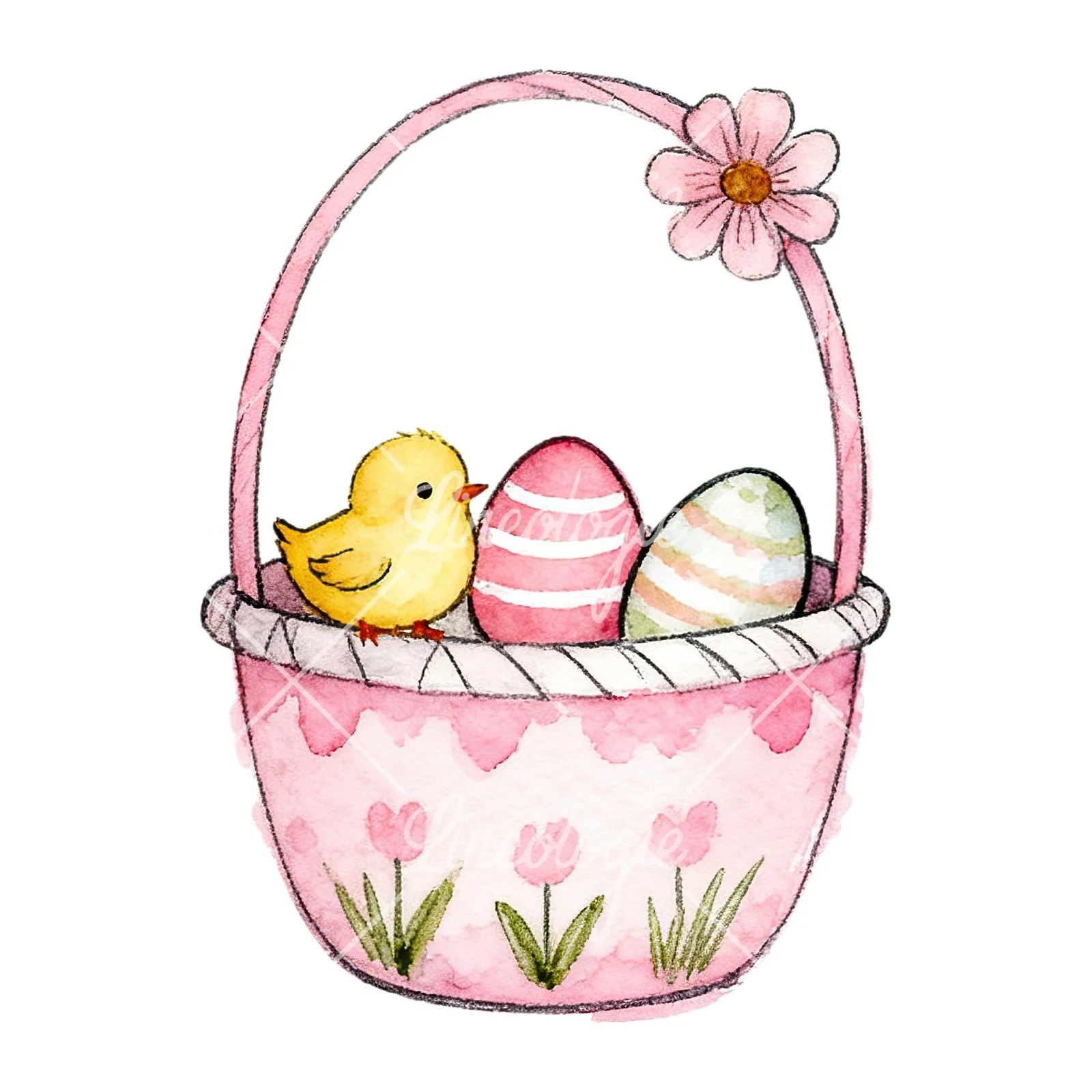 Watercolor pink girls basket clipart 6 of 9 on a white background (JPG)