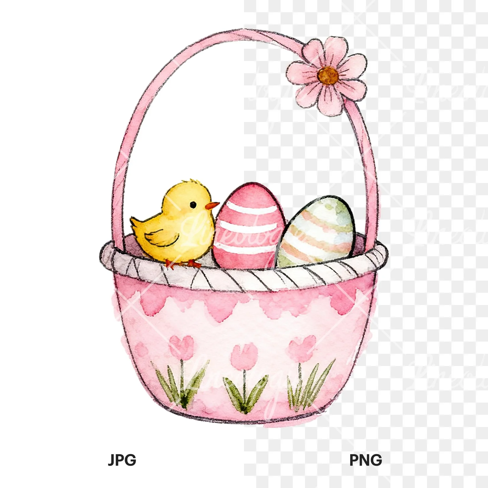 Watercolor pink girls basket clipart 6 of 9, as a JPG on white and a transparent PNG